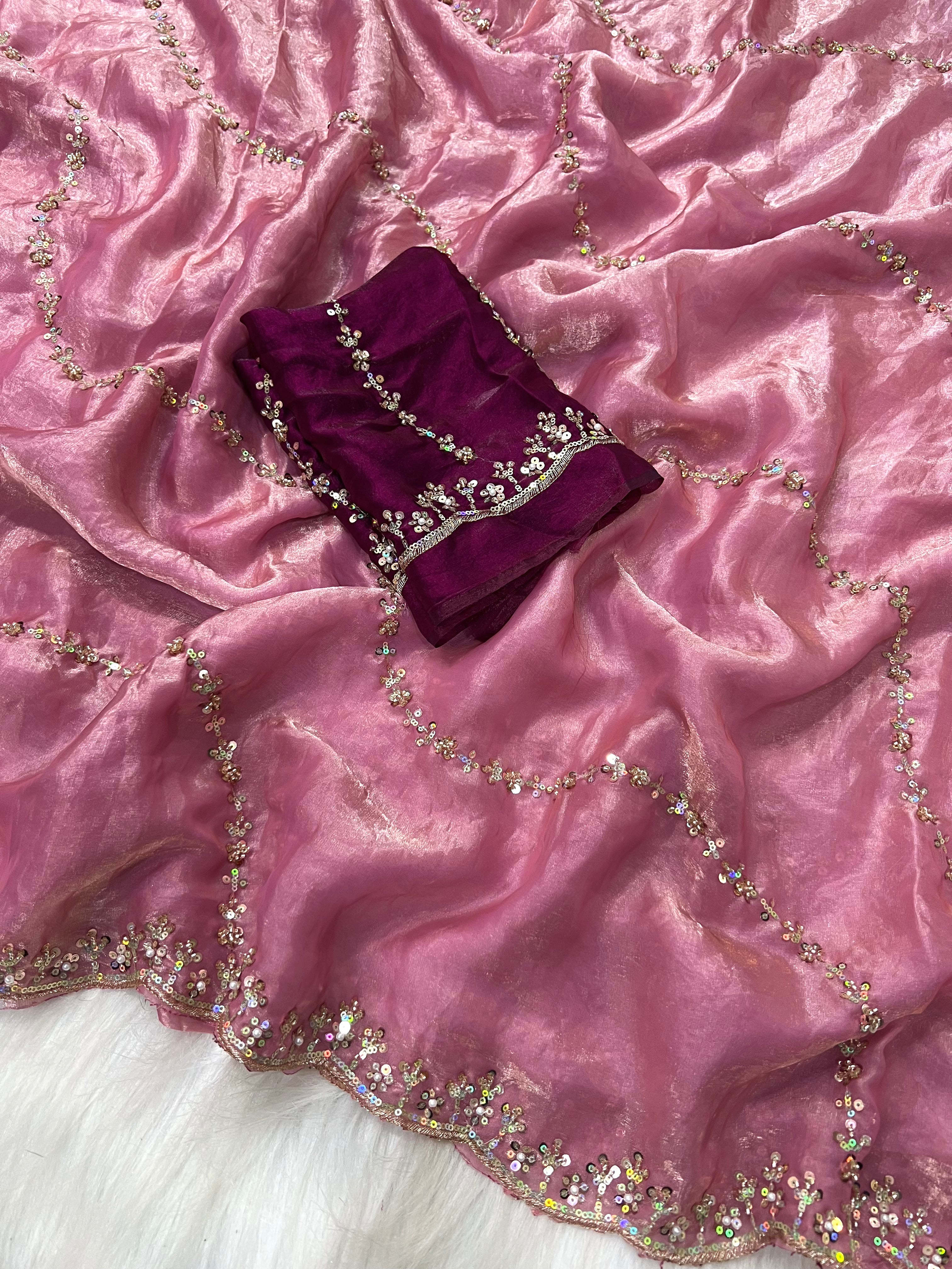 Desiring Wedding Wear Silk Sequence n Hand Work Fancy Designer Saree With Contrast Blouse Piece