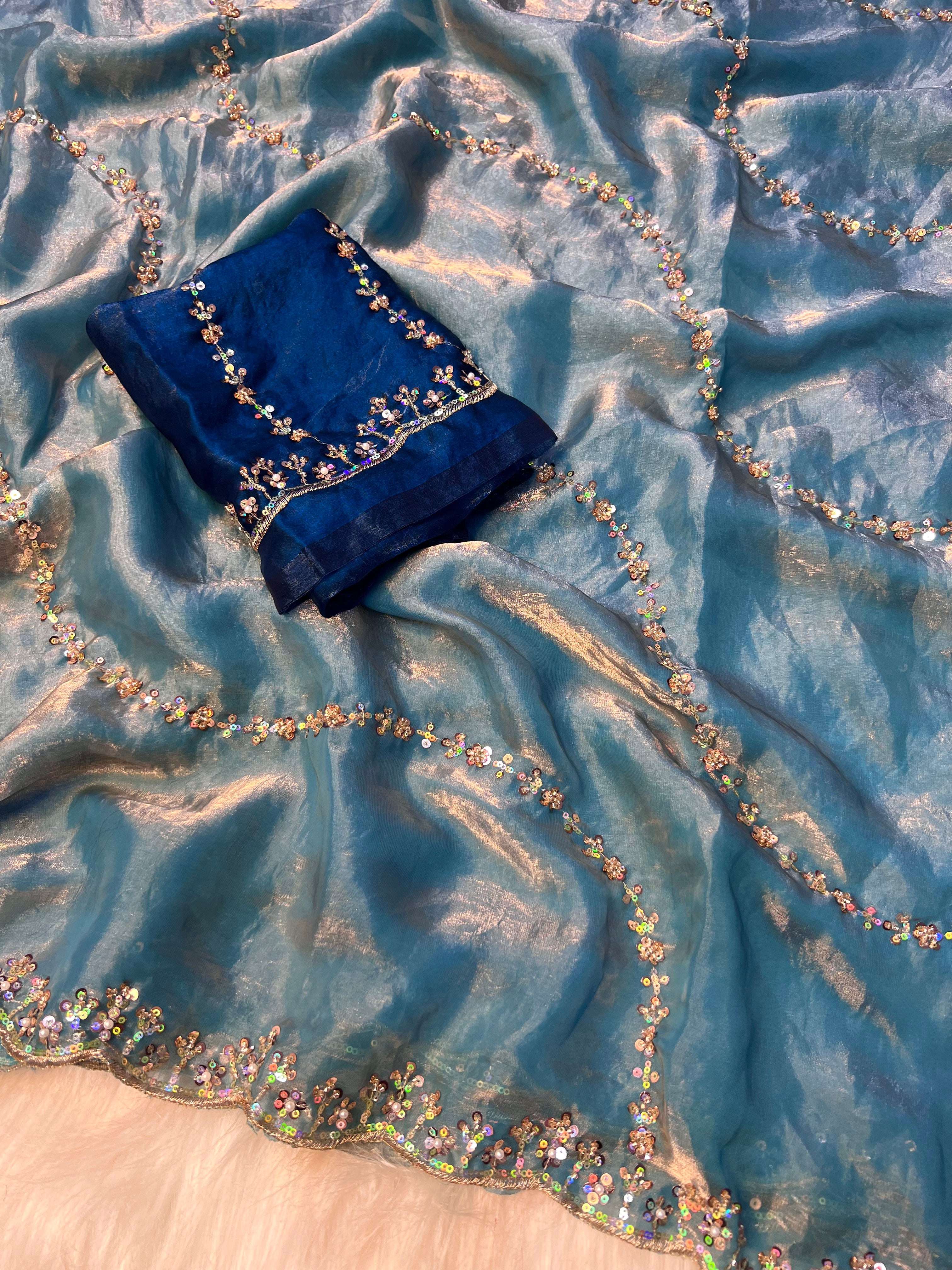 Desiring Wedding Wear Silk Sequence n Hand Work Fancy Designer Saree With Contrast Blouse Piece