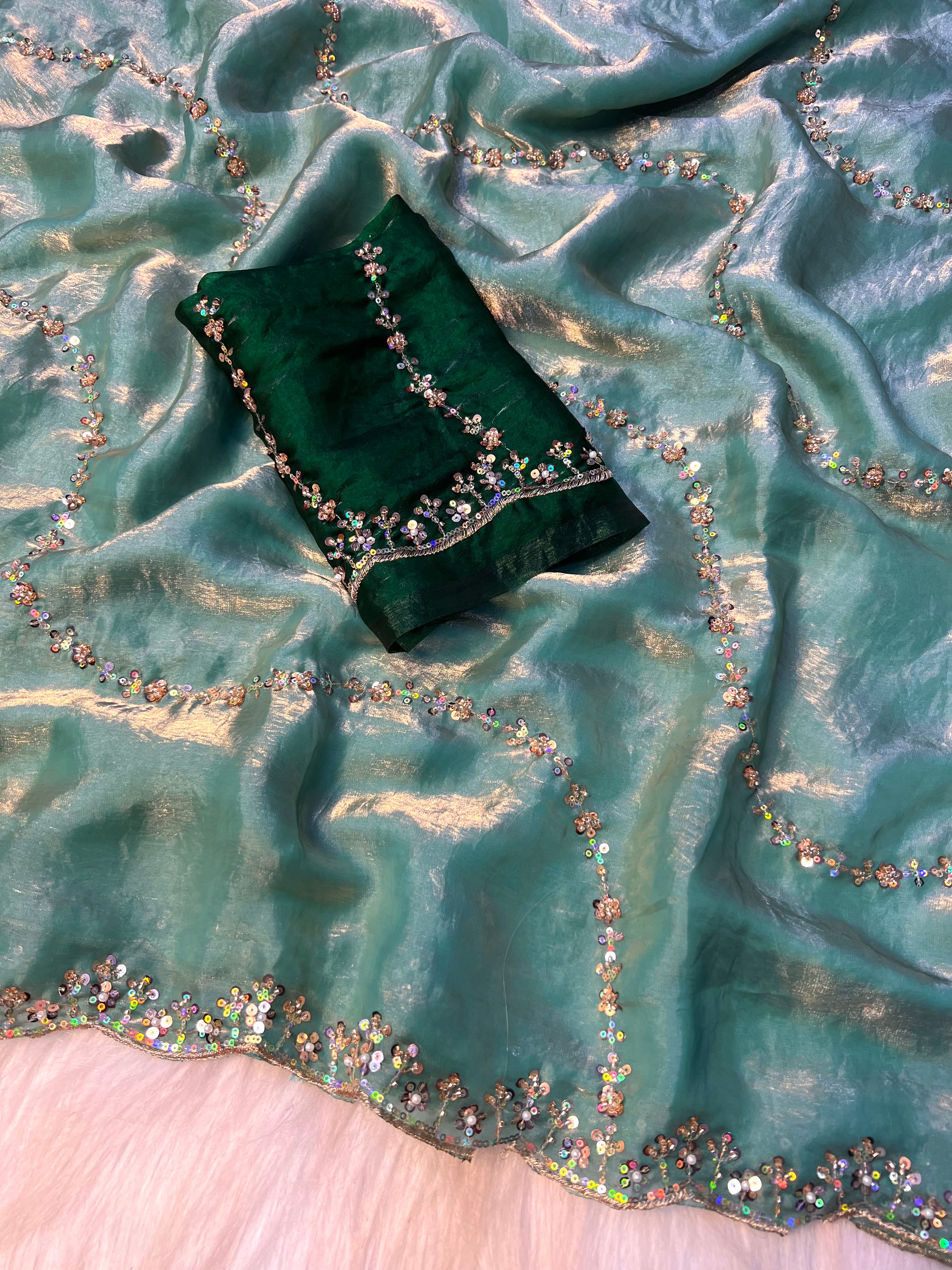 Desiring Wedding Wear Silk Sequence n Hand Work Fancy Designer Saree With Contrast Blouse Piece