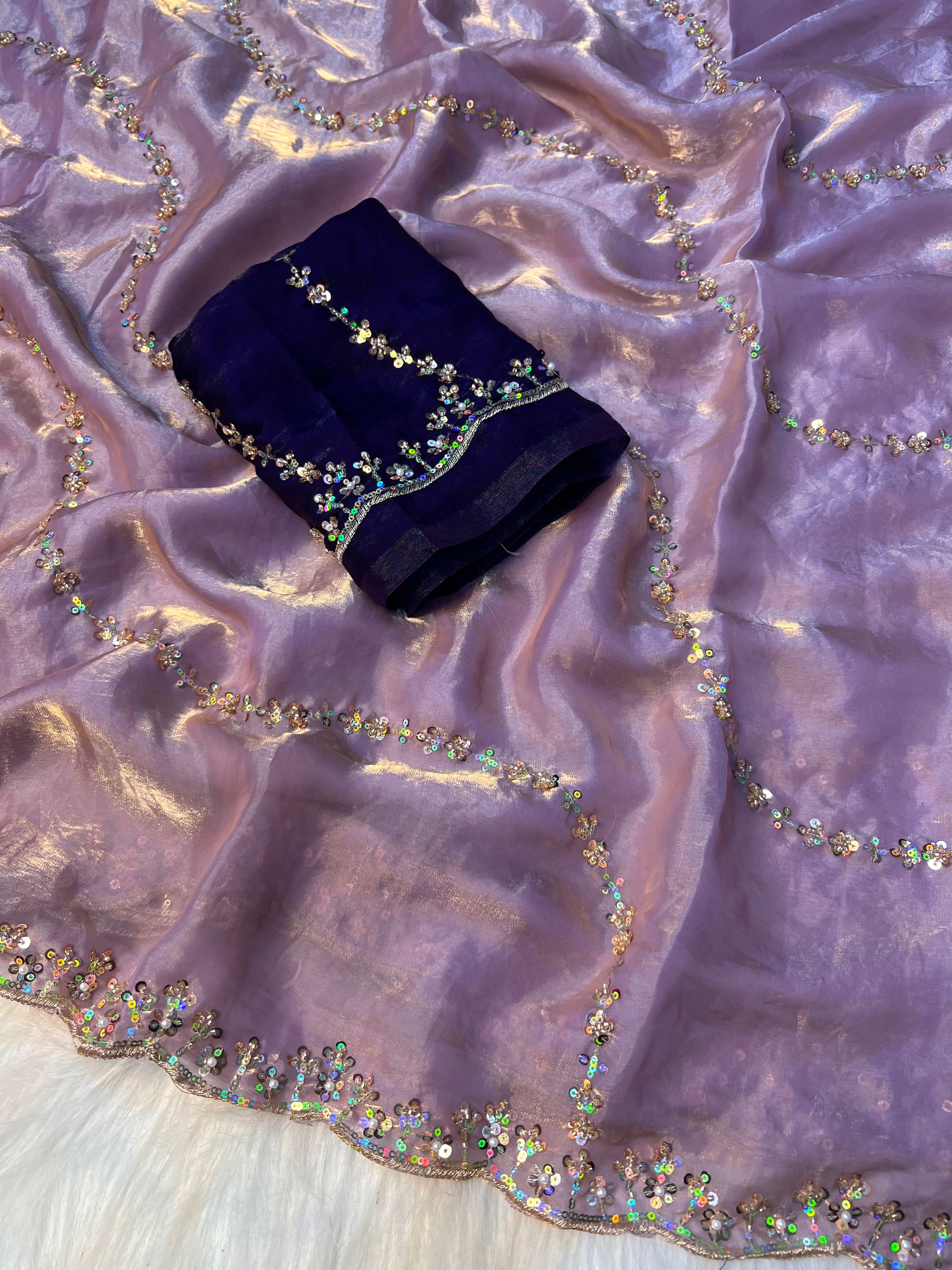 Desiring Wedding Wear Silk Sequence n Hand Work Fancy Designer Saree With Contrast Blouse Piece