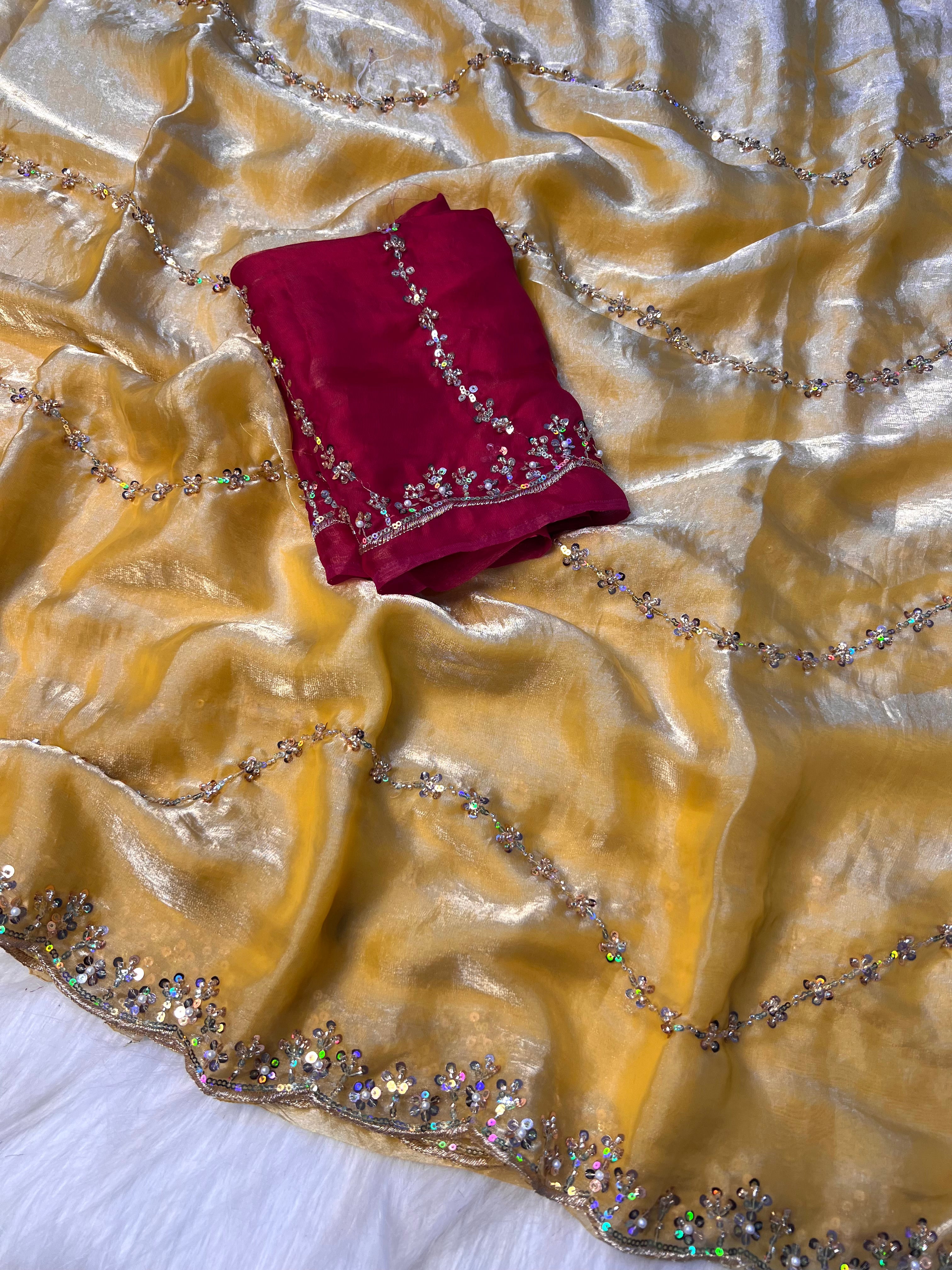 Desiring Wedding Wear Silk Sequence n Hand Work Fancy Designer Saree With Contrast Blouse Piece