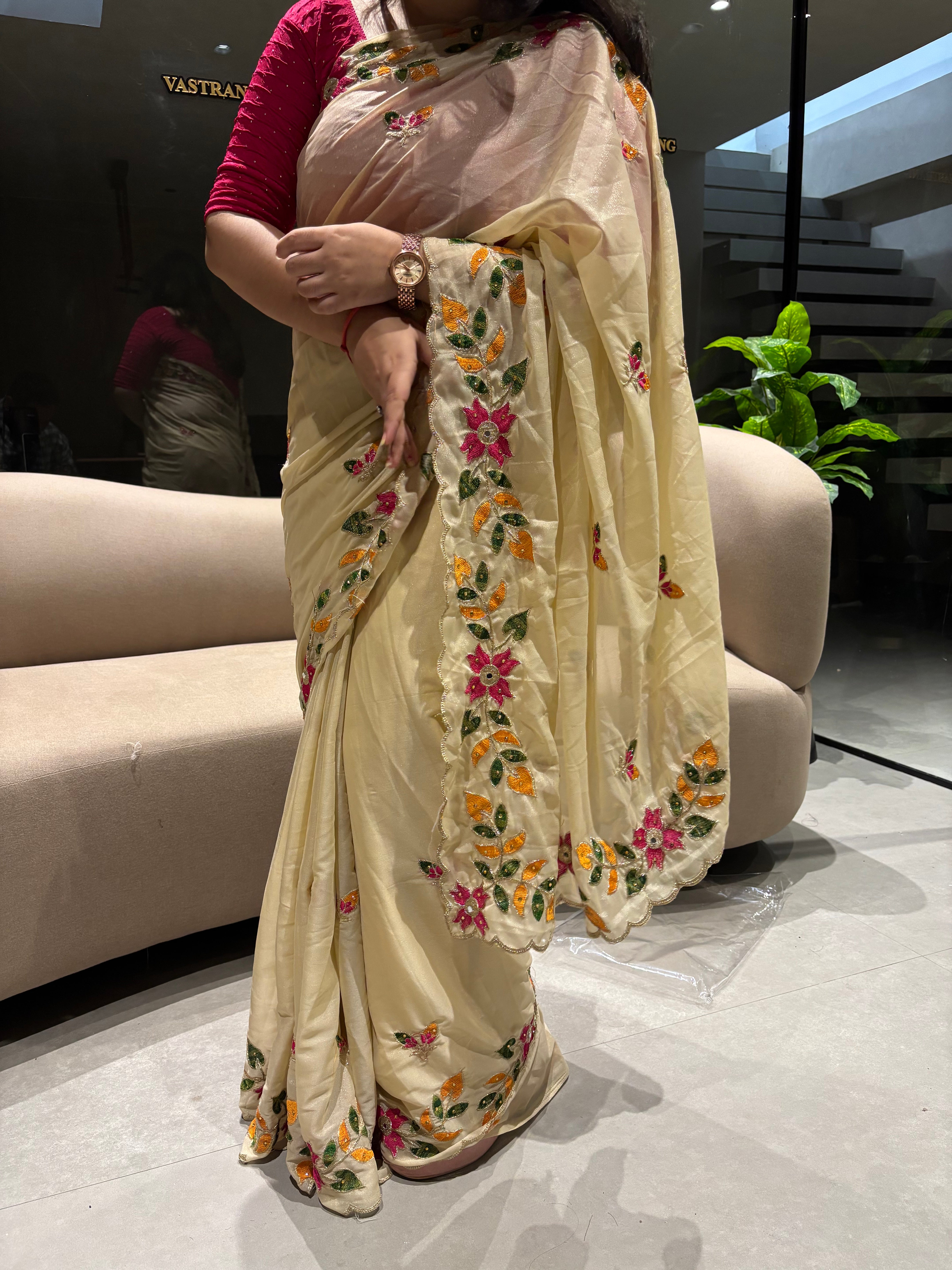 Adorning Festive Wear Georgette Embroidery n Diamond Work Saree With Contrast Blouse Piece