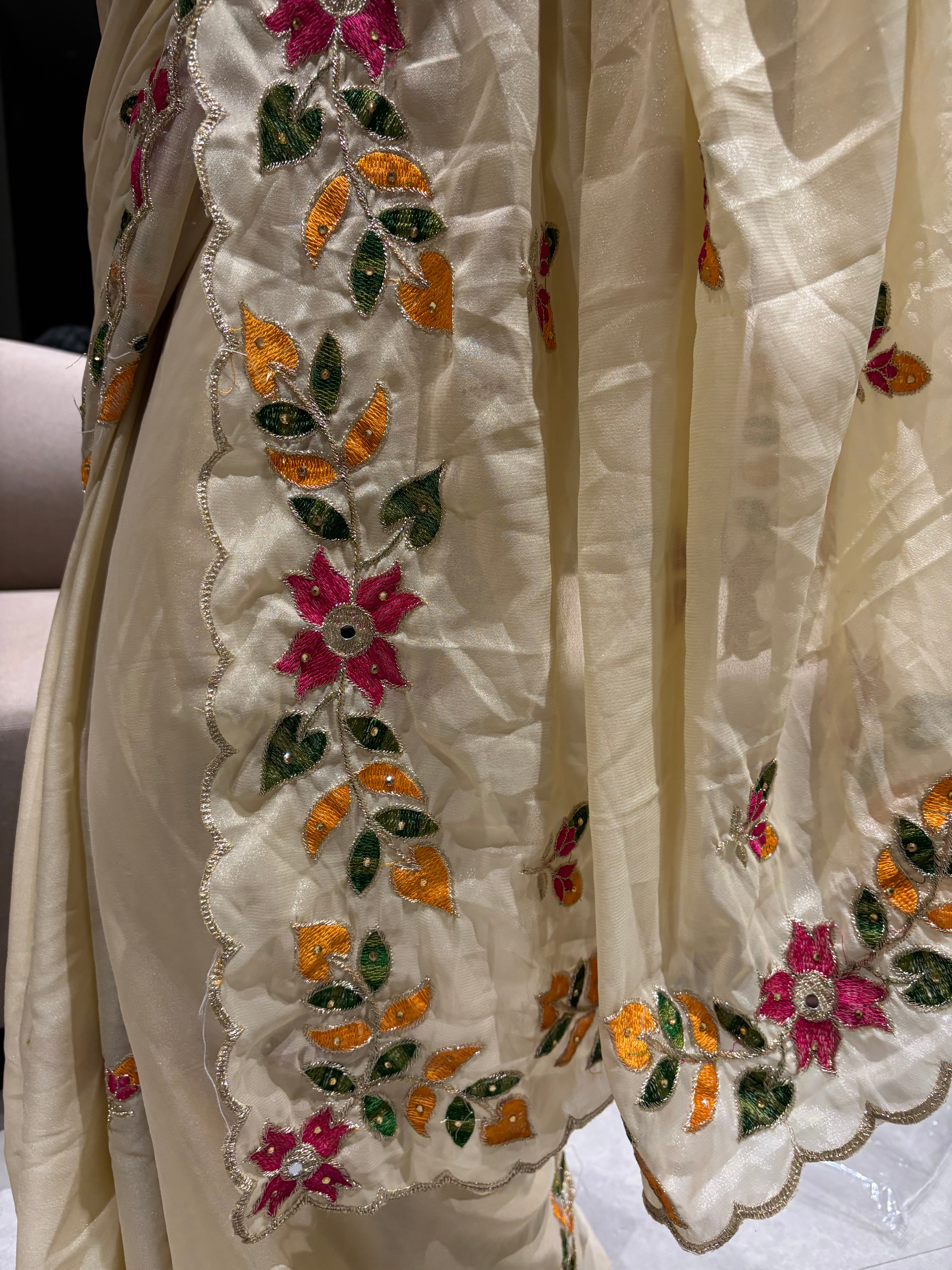 Adorning Festive Wear Georgette Embroidery n Diamond Work Saree With Contrast Blouse Piece