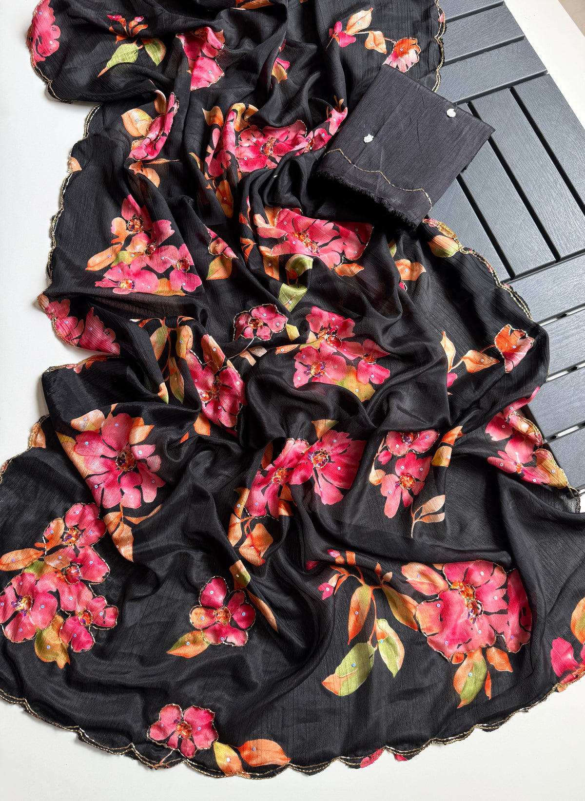 Glamorous Party Wear Soft Chinnon Silk Print n Handwork Designer Saree For Occasion