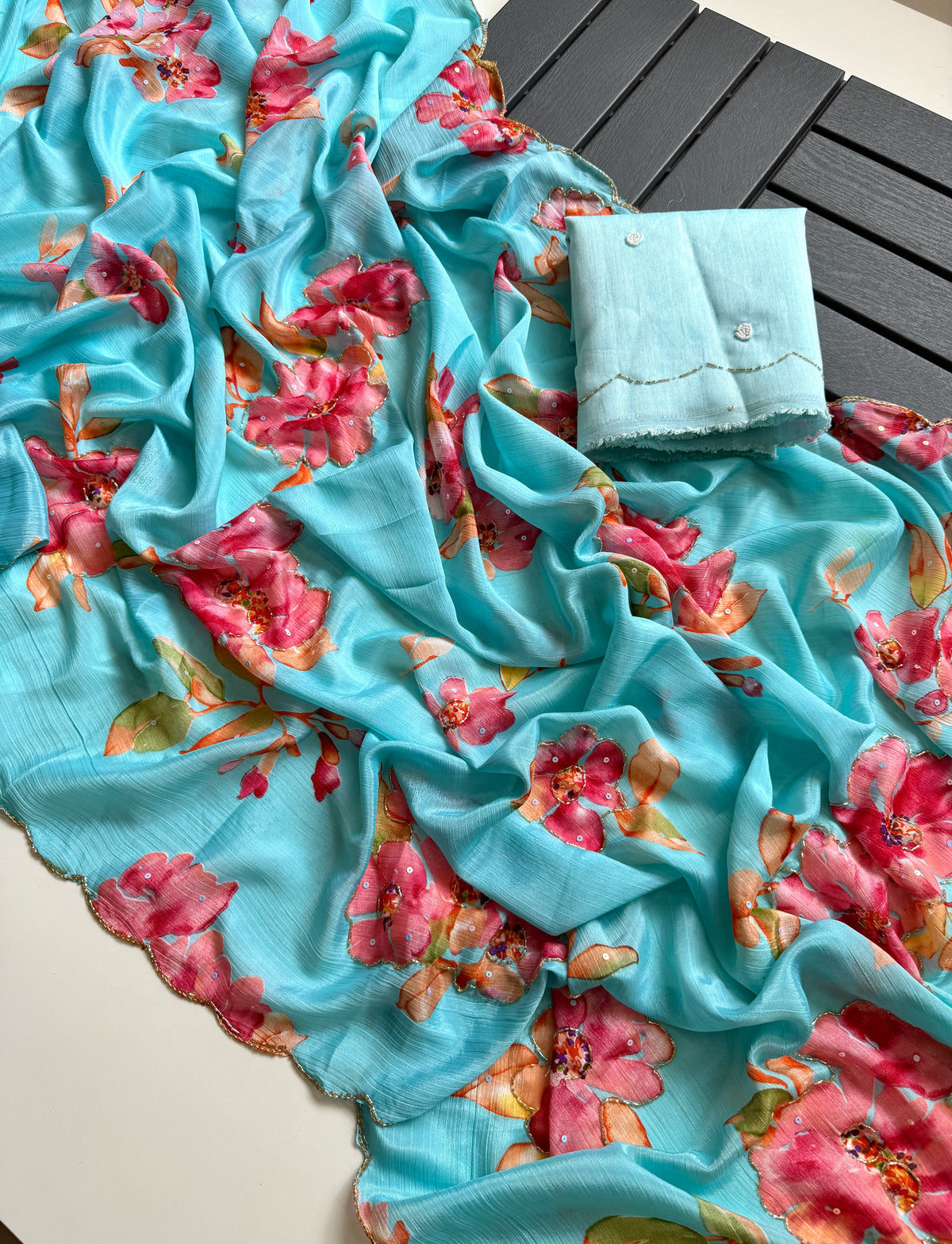 Glamorous Party Wear Soft Chinnon Silk Print n Handwork Designer Saree For Occasion