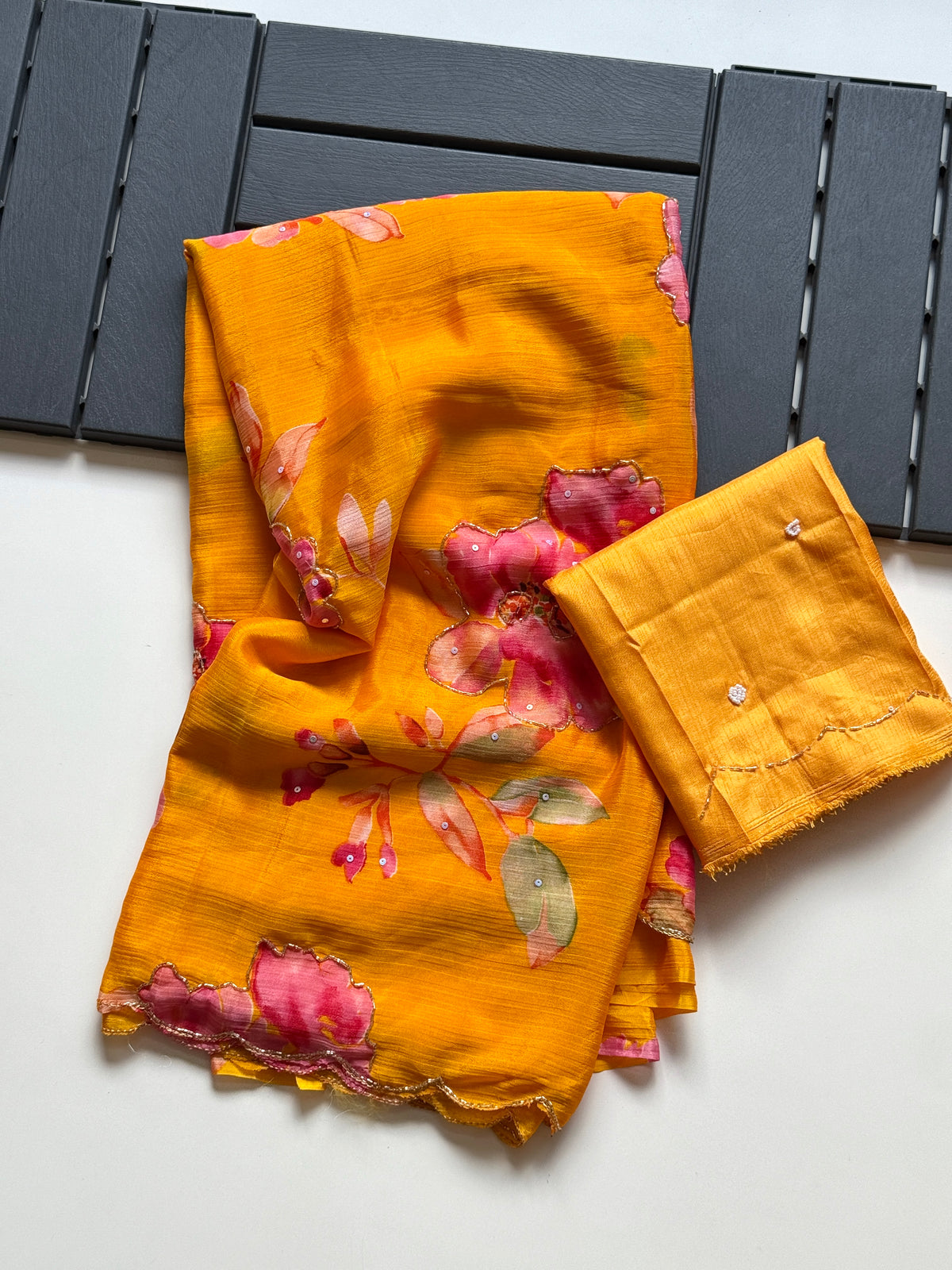 Glamorous Party Wear Soft Chinnon Silk Print n Handwork Designer Saree For Occasion