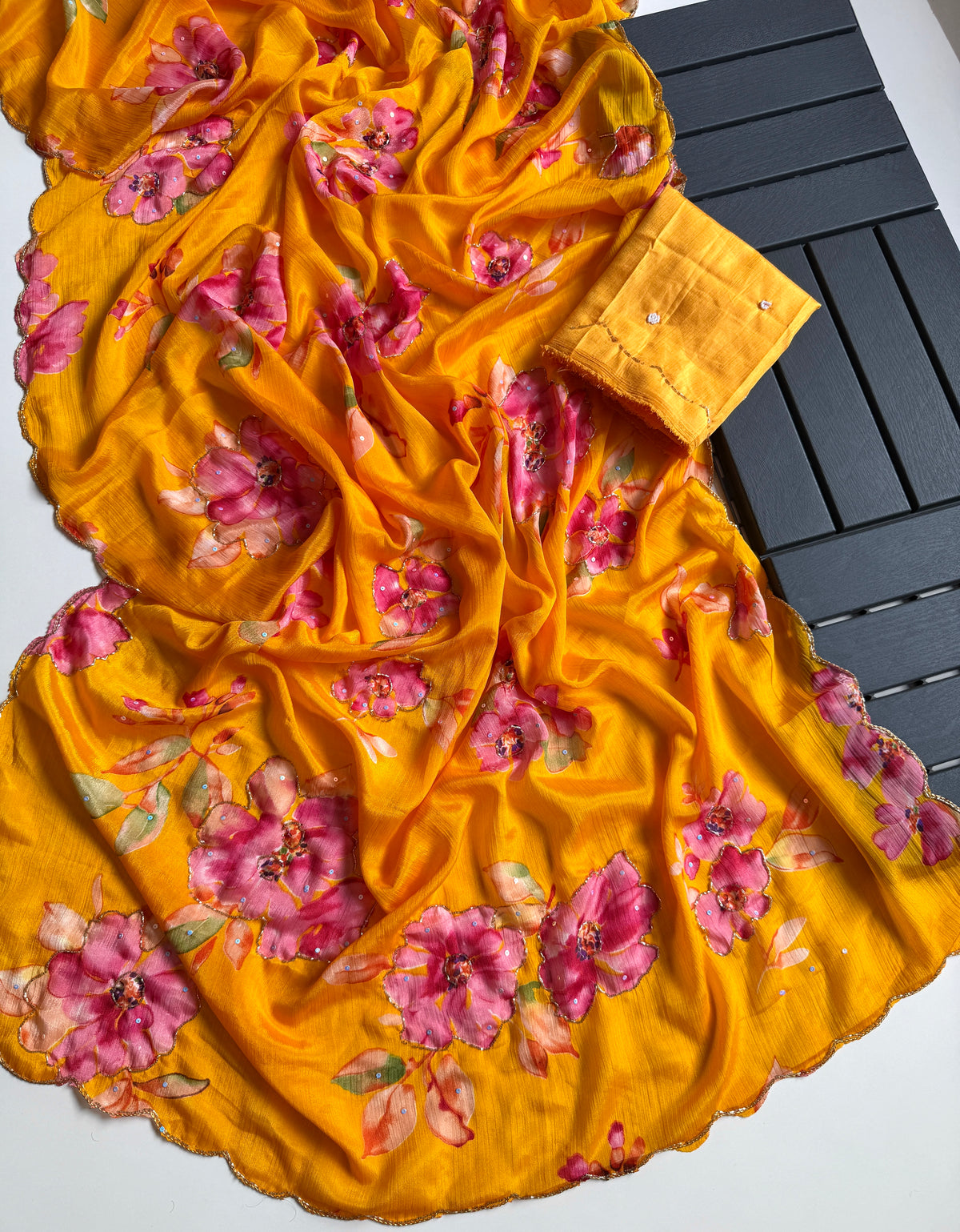 Glamorous Party Wear Soft Chinnon Silk Print n Handwork Designer Saree For Occasion