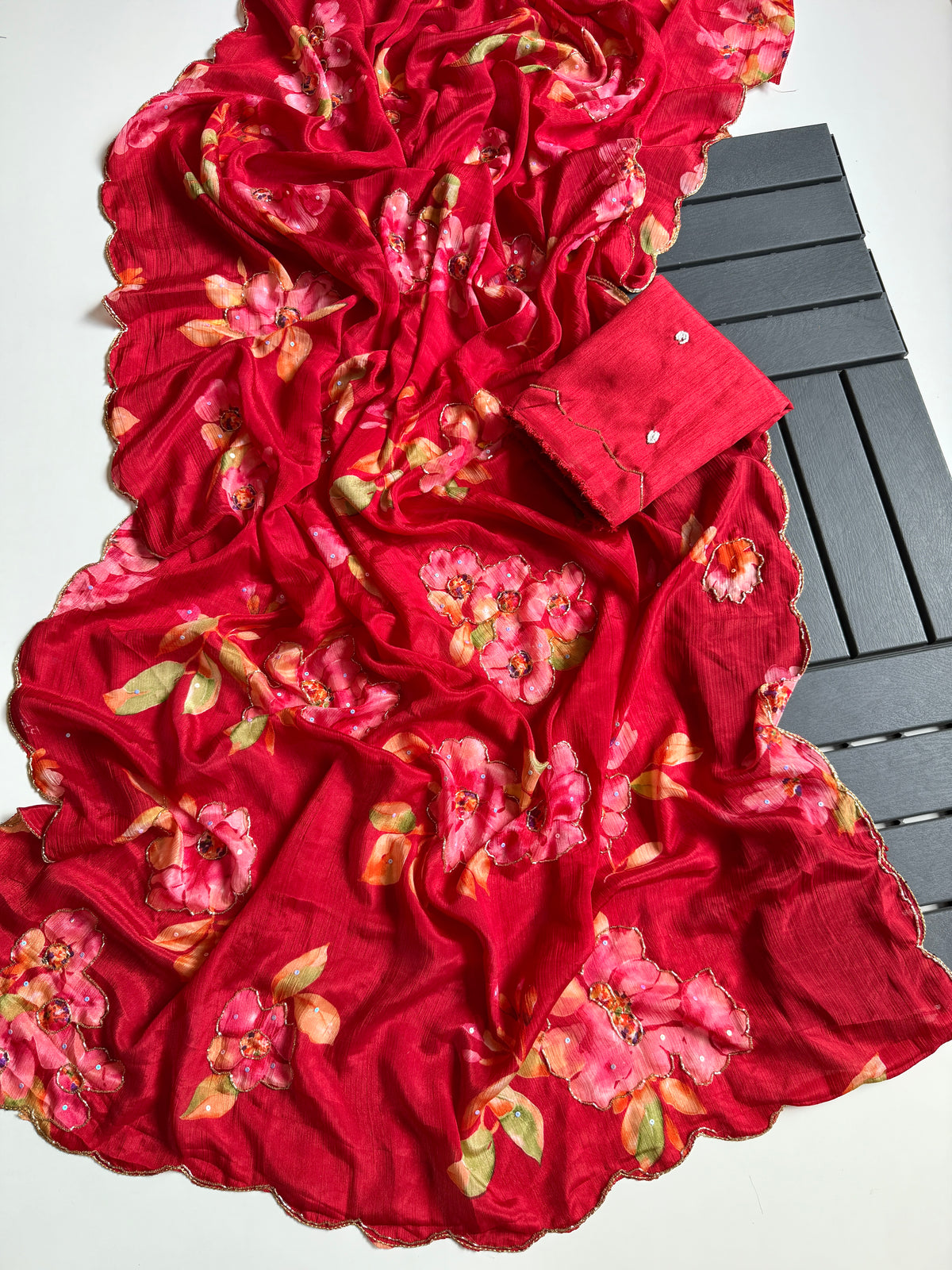 Glamorous Party Wear Soft Chinnon Silk Print n Handwork Designer Saree For Occasion