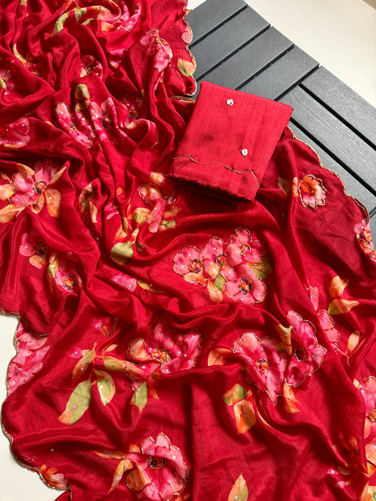 Glamorous Party Wear Soft Chinnon Silk Print n Handwork Designer Saree For Occasion