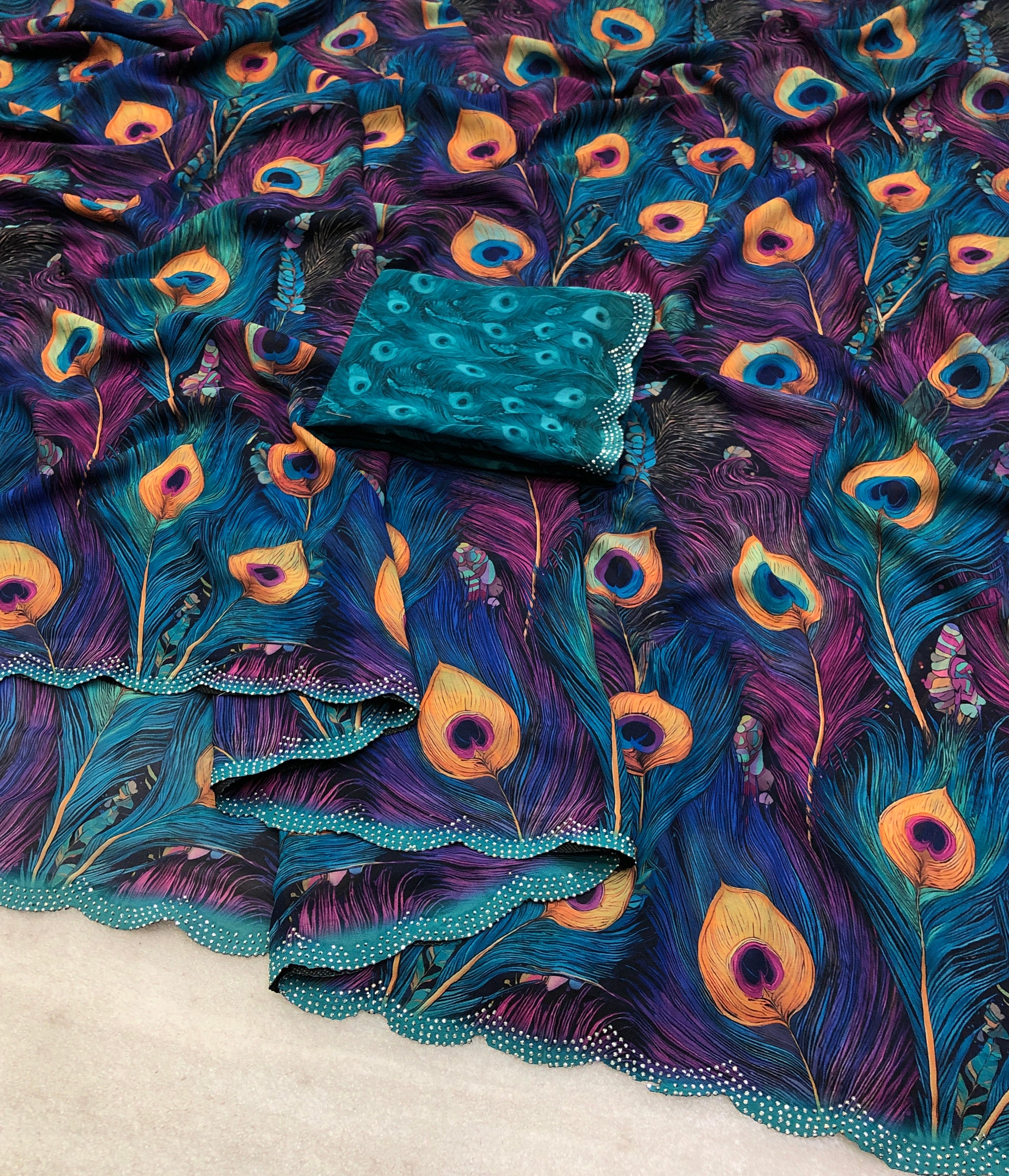 Imaginative Party Wear Soft Chiffon Digital Print n Siroski Work Designer Saree With Contrast Blouse Piece
