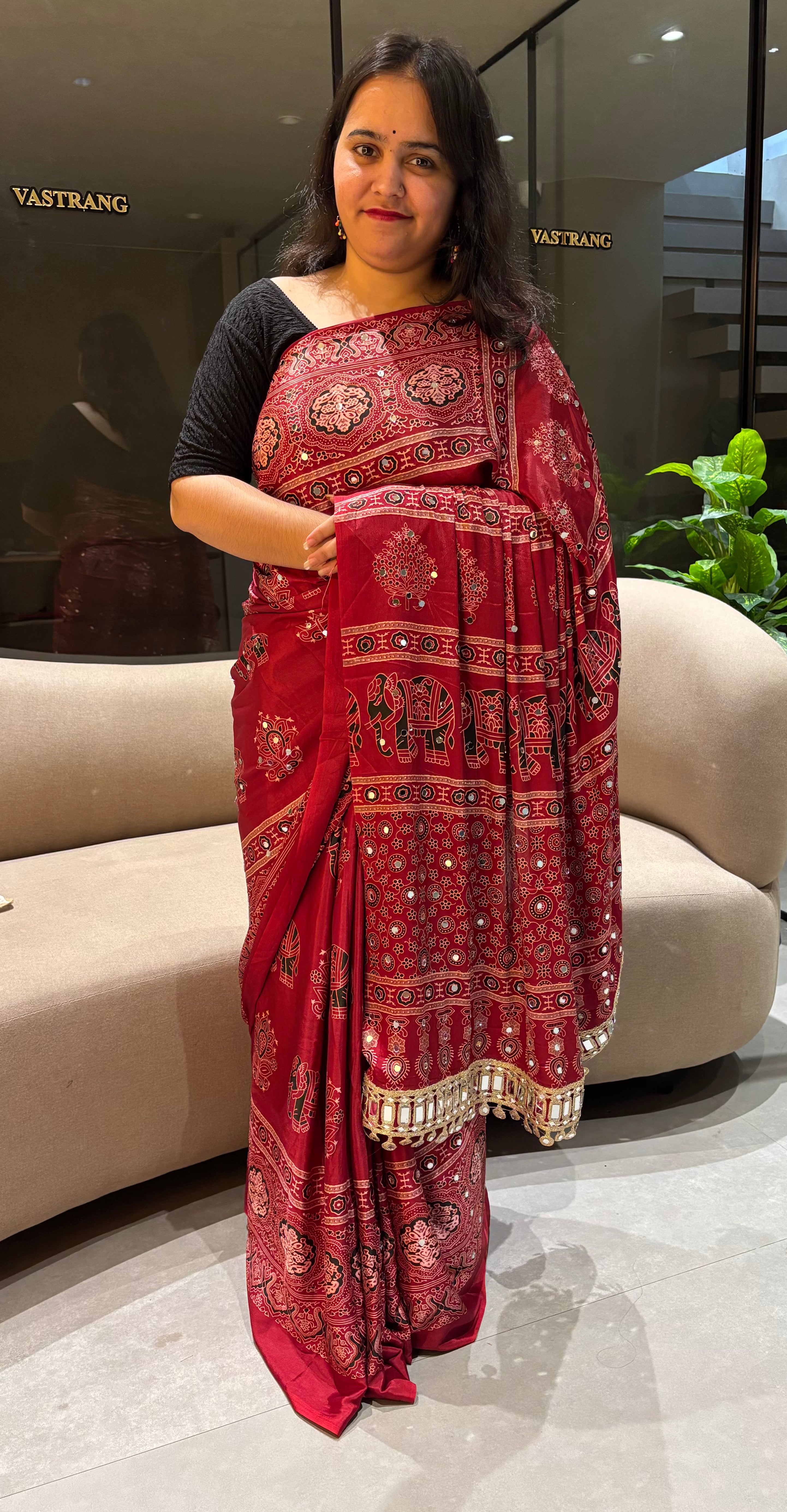 Alverina Party Wear Pure Satin Silk Ajrak Printed Rich Pallu n Mirror Work Fancy Saree With Blouse Piece