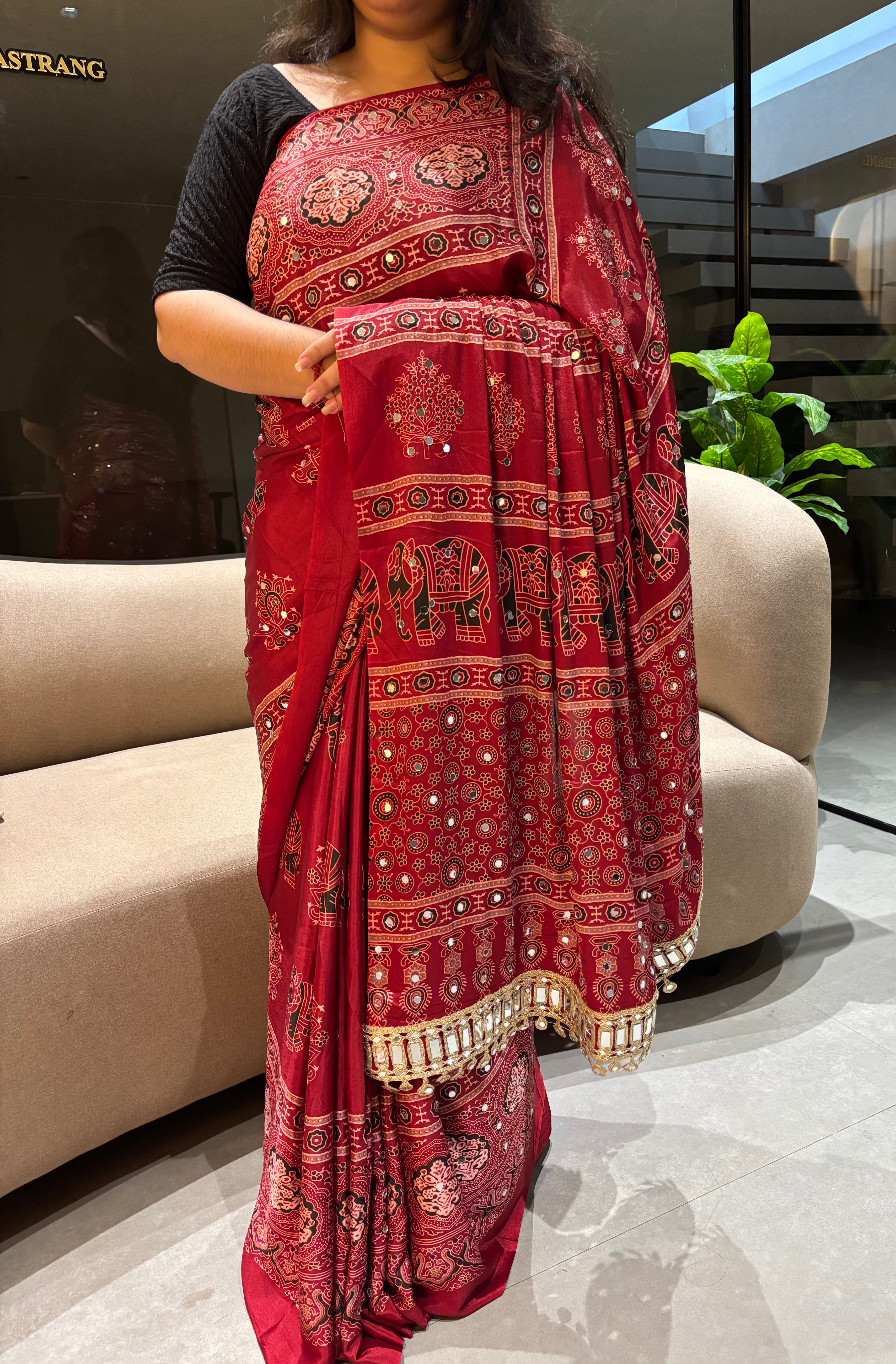 Alverina Party Wear Pure Satin Silk Ajrak Printed Rich Pallu n Mirror Work Fancy Saree With Blouse Piece