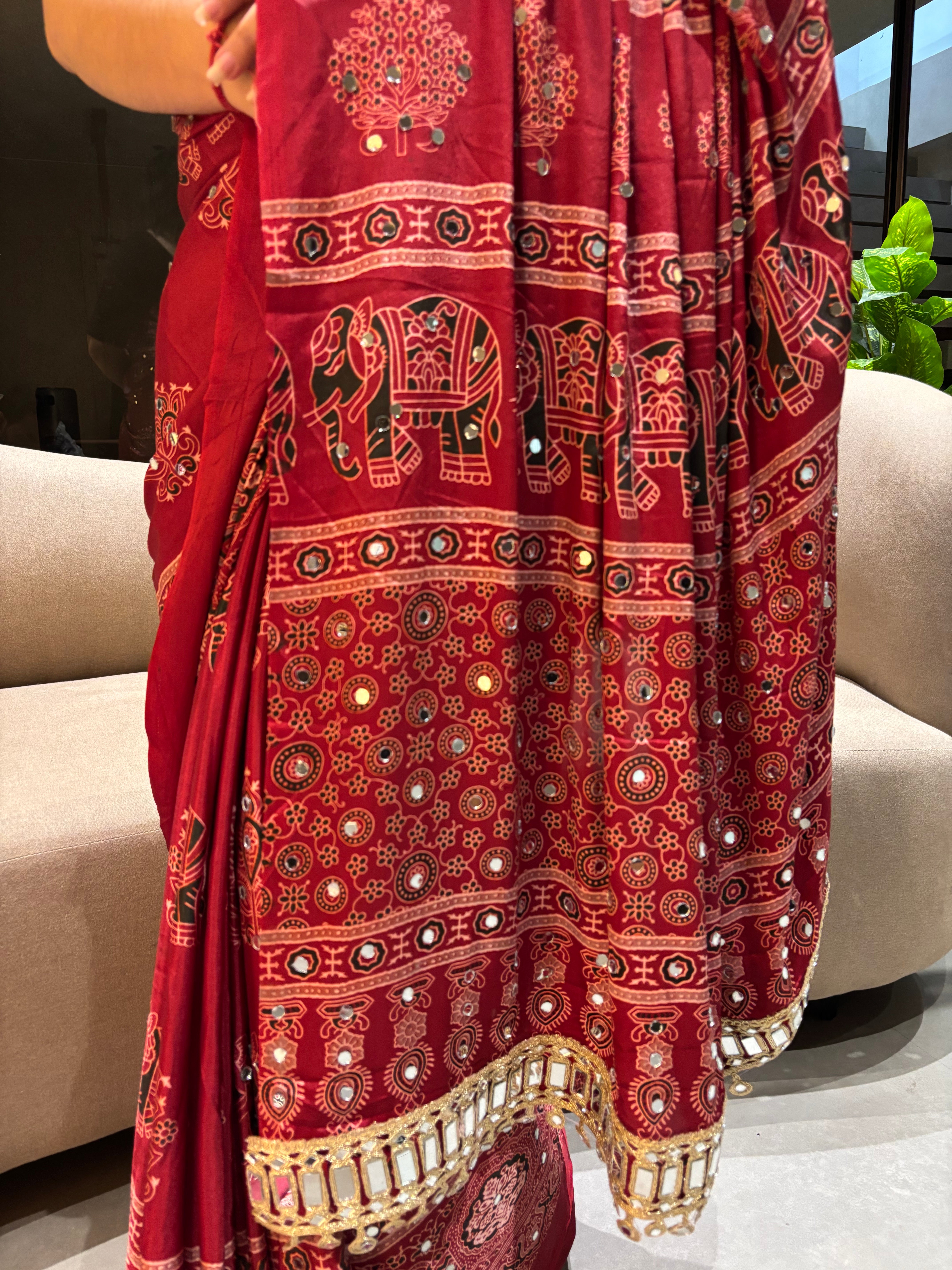 Alverina Party Wear Pure Satin Silk Ajrak Printed Rich Pallu n Mirror Work Fancy Saree With Blouse Piece