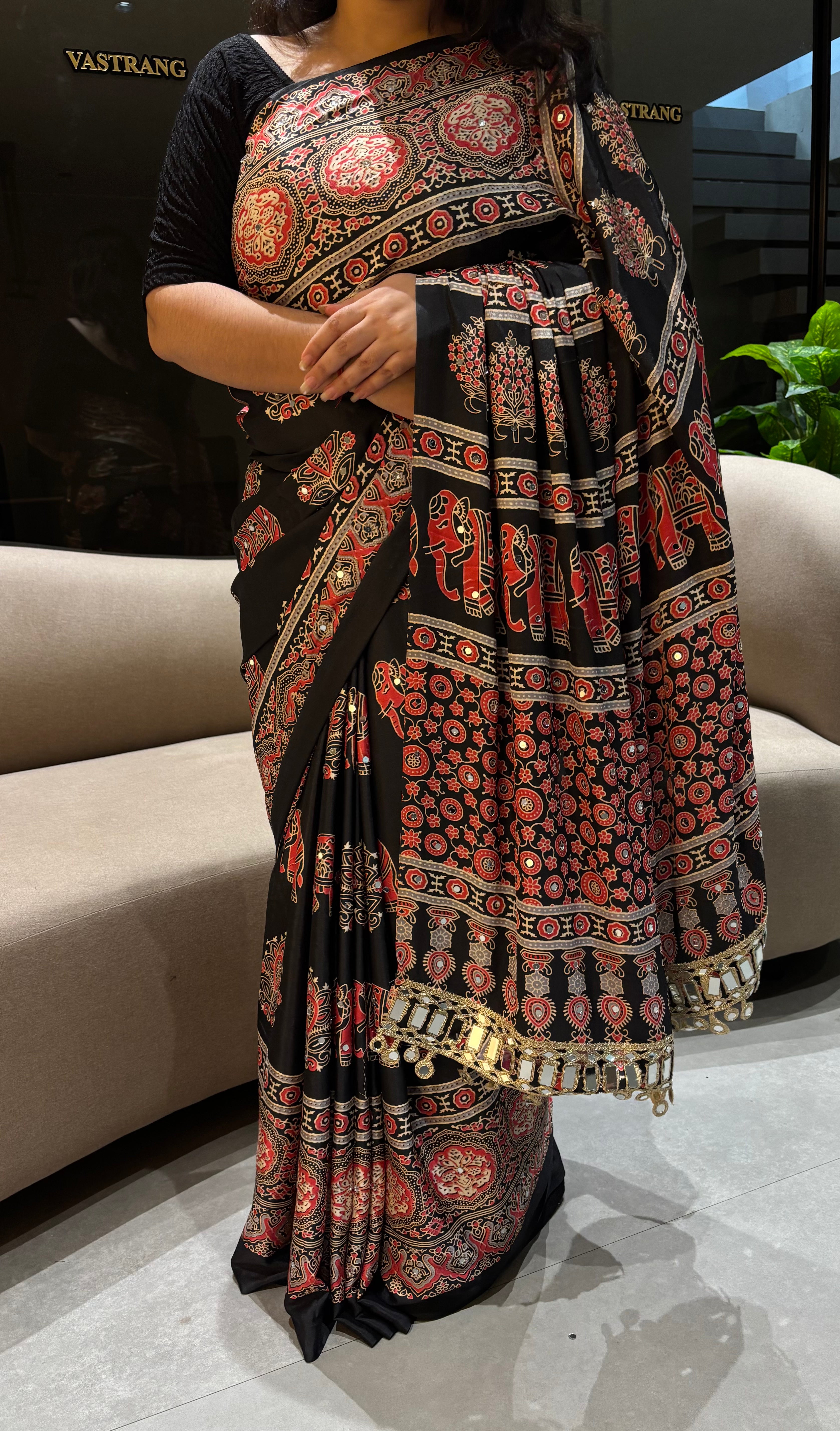 Alverina Party Wear Pure Satin Silk Ajrak Printed Rich Pallu n Mirror Work Fancy Saree With Blouse Piece