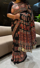 Load image into Gallery viewer, Alverina Party Wear Pure Satin Silk Ajrak Printed Rich Pallu n Mirror Work Fancy Saree With Blouse Piece
