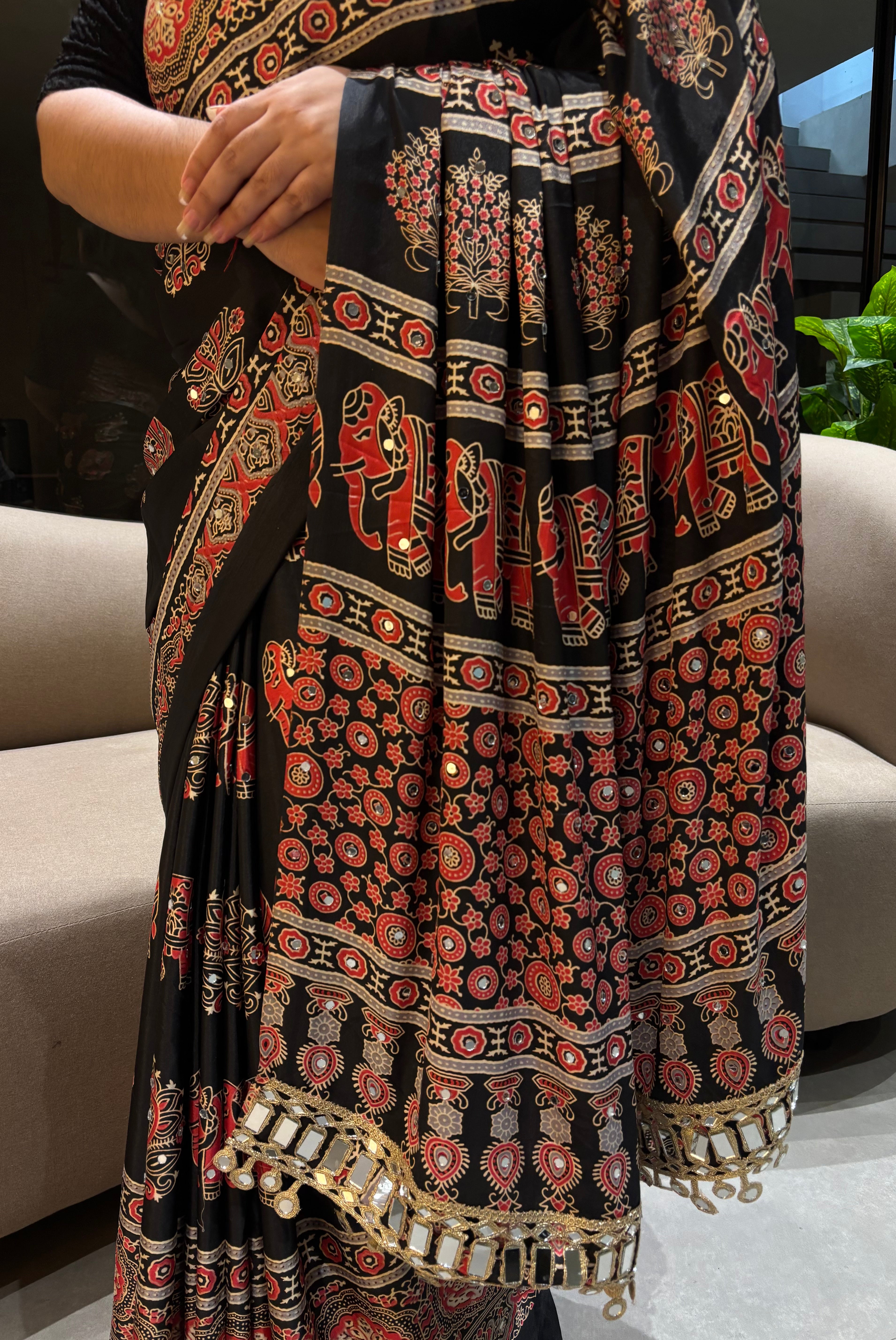 Alverina Party Wear Pure Satin Silk Ajrak Printed Rich Pallu n Mirror Work Fancy Saree With Blouse Piece