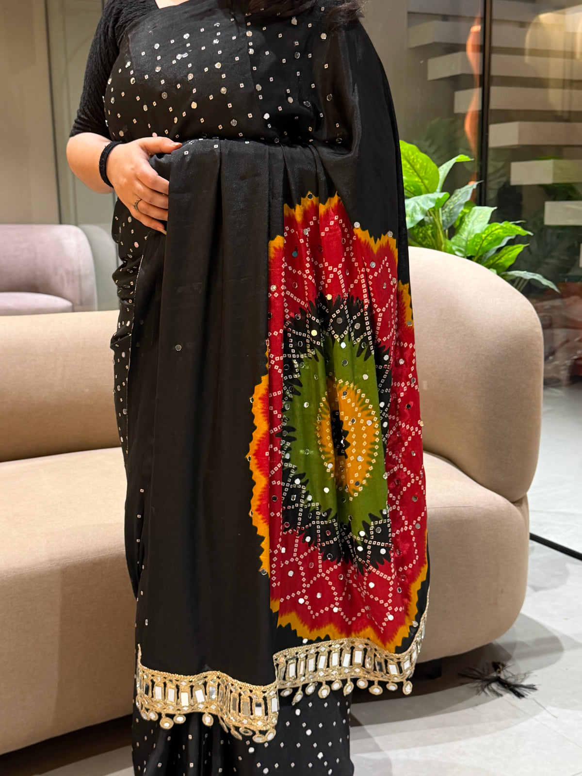 Incredible Party Wear Silk Print Design Mirror Work Designer Saree With Blouse Piece