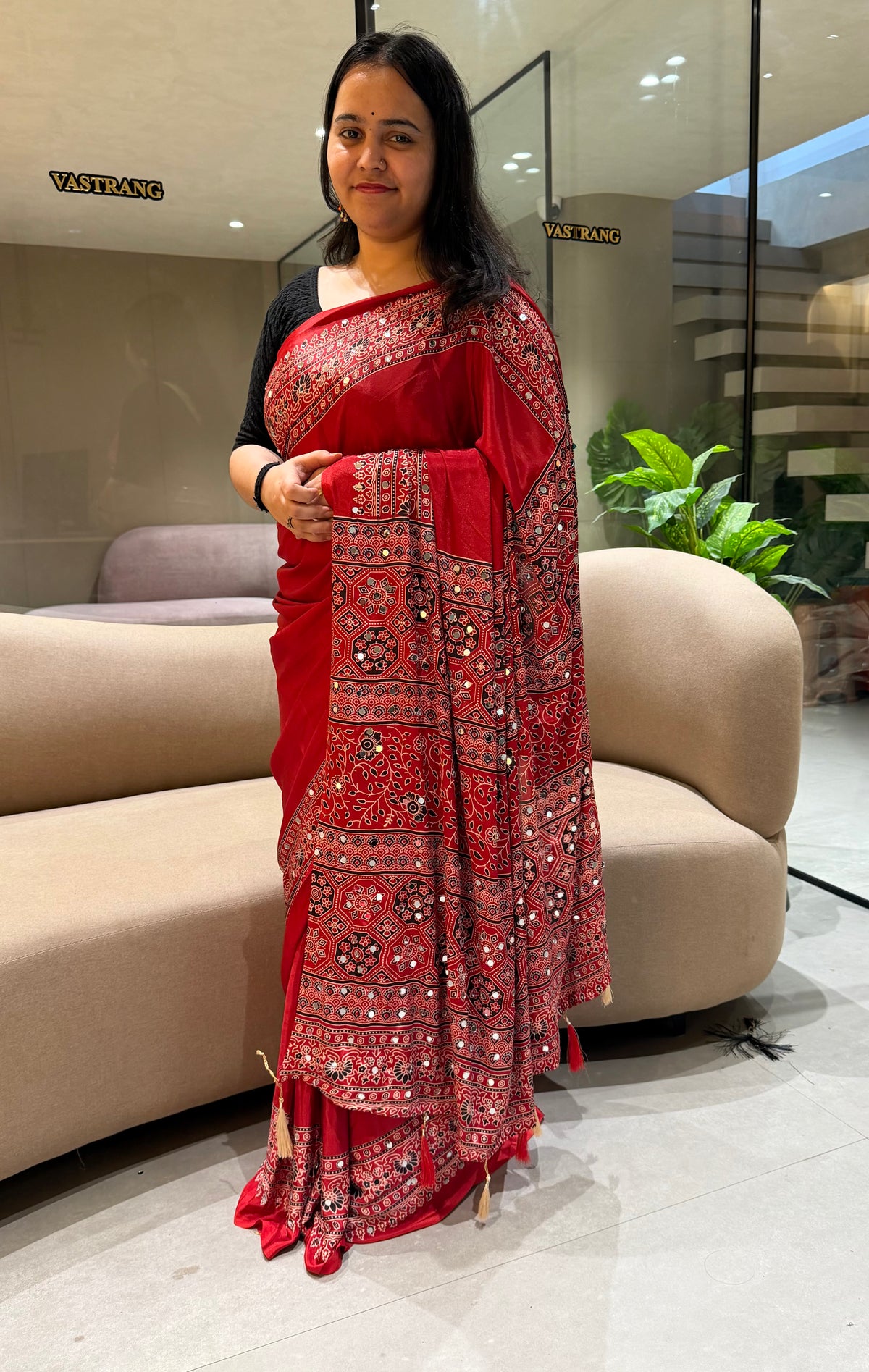 Regal Wedding Wear Silk Ajrak Printed Rich Pallu Designer Saree With Blouse Piece