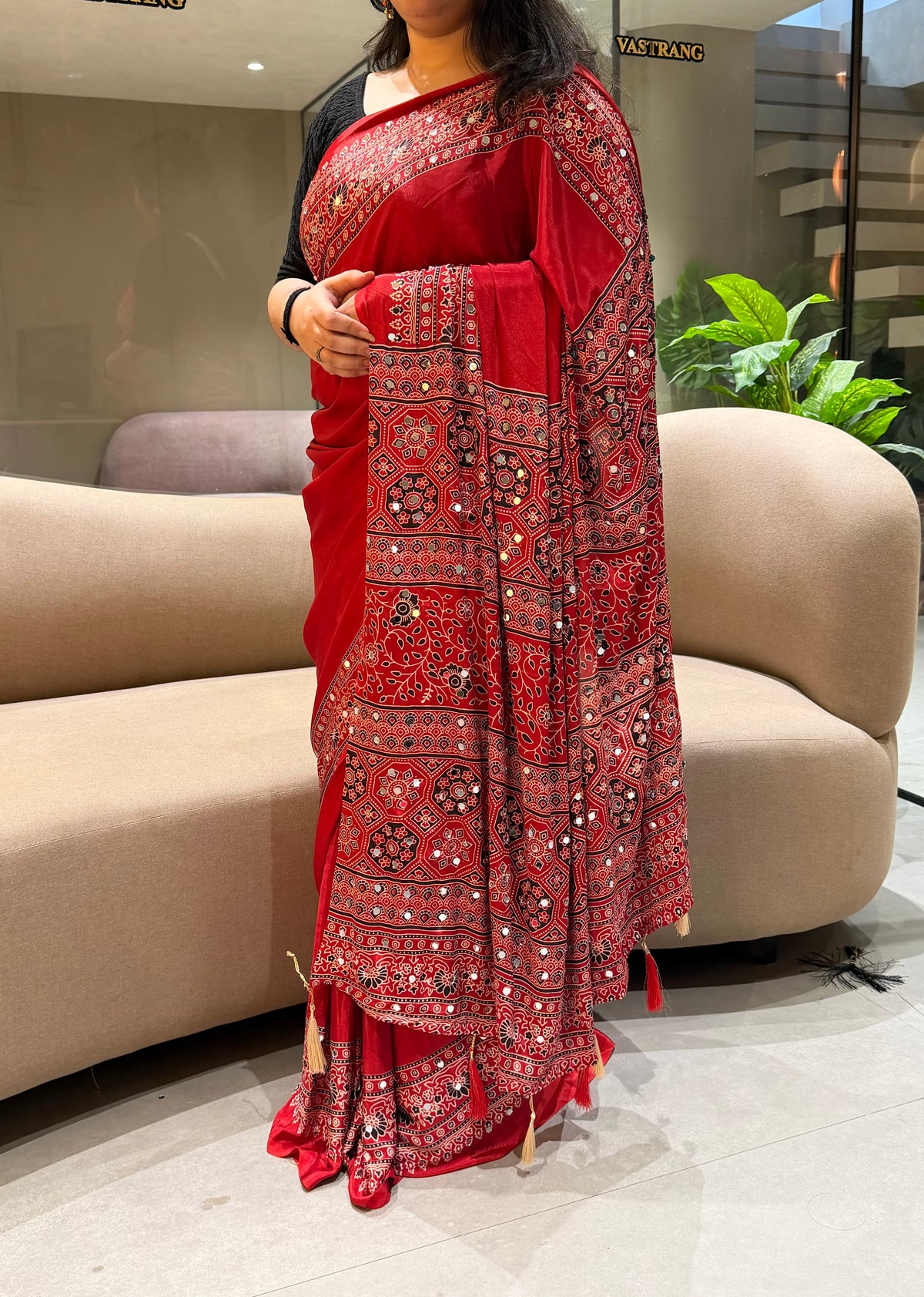 Regal Wedding Wear Silk Ajrak Printed Rich Pallu Designer Saree With Blouse Piece