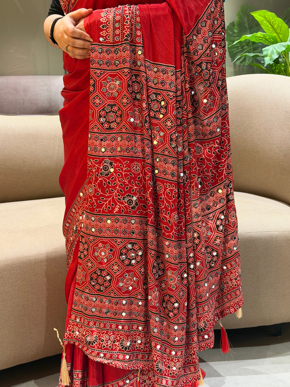 Regal Wedding Wear Silk Ajrak Printed Rich Pallu Designer Saree With Blouse Piece