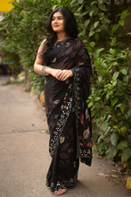 Load image into Gallery viewer, New Black Color Chiffon Print With Embroidery n Mirror Work Partywear Saree Design For Women
