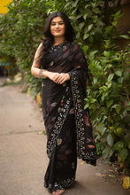 Load image into Gallery viewer, New Black Color Chiffon Print With Embroidery n Mirror Work Partywear Saree Design For Women
