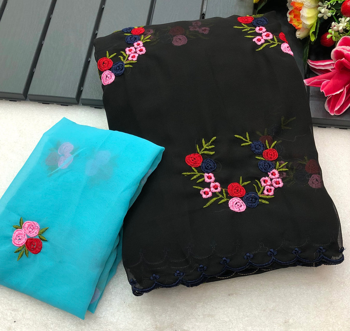 New Wedding wear Color Georgette Embrodiered Work Fancy Designer Saree With Contrast Blouse Piece