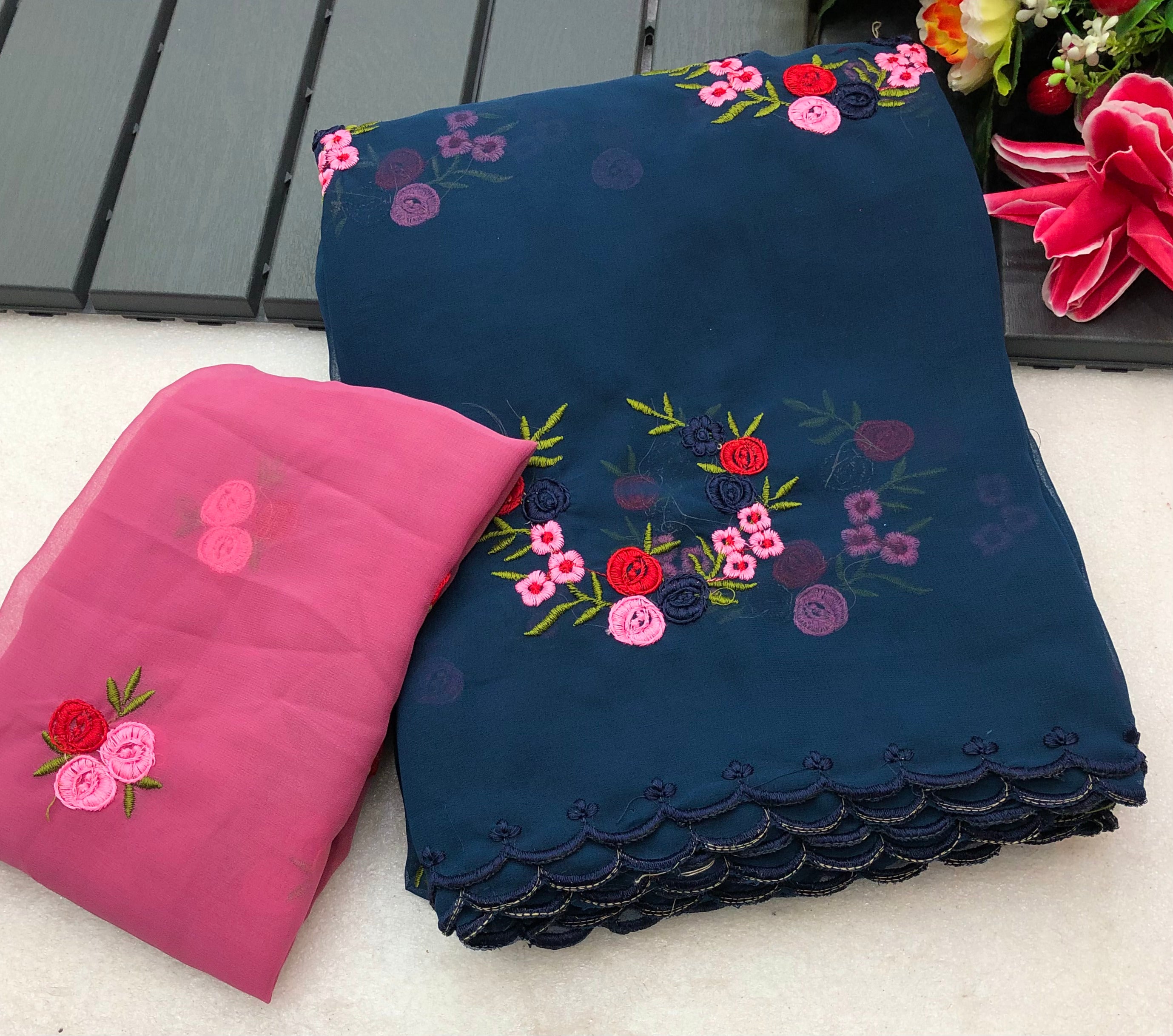 New Wedding wear Color Georgette Embrodiered Work Fancy Designer Saree With Contrast Blouse Piece