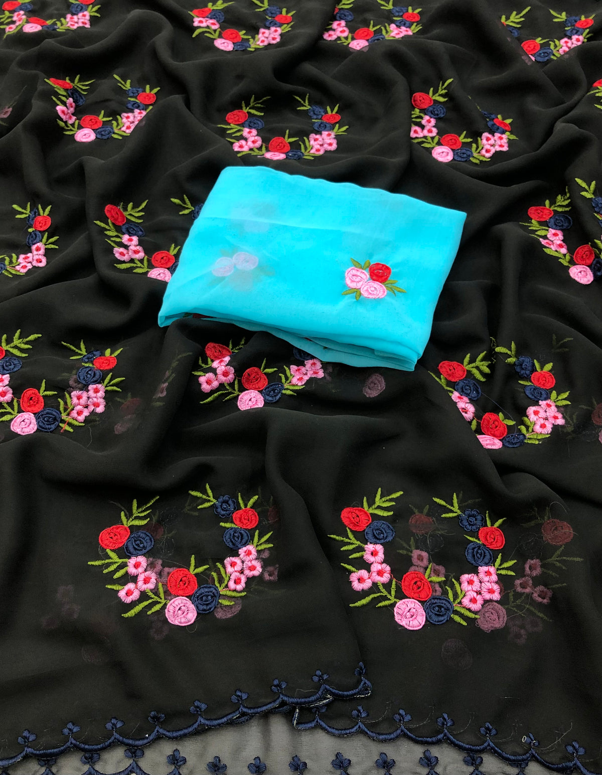 New Wedding wear Color Georgette Embrodiered Work Fancy Designer Saree With Contrast Blouse Piece