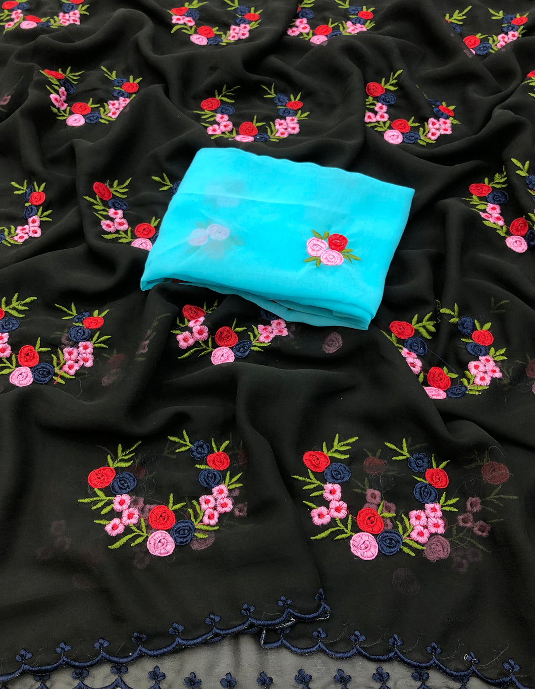 New Wedding wear Color Georgette Embrodiered Work Fancy Designer Saree With Contrast Blouse Piece