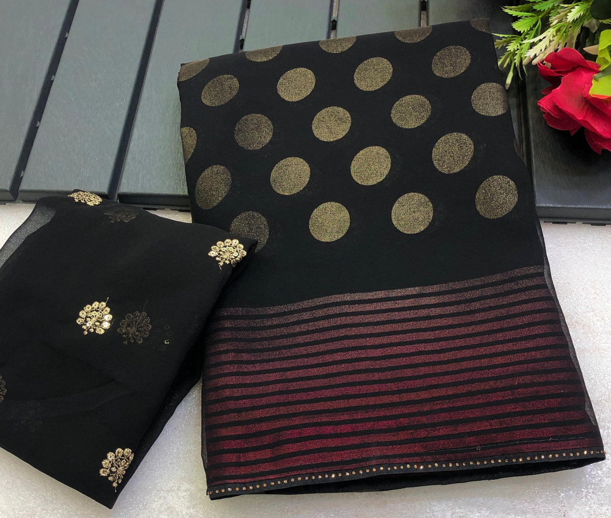 Scrupulous Function Wear Georgette Foil Print n Siroski Work Fancy Saree With Blissfull Blouse Piece