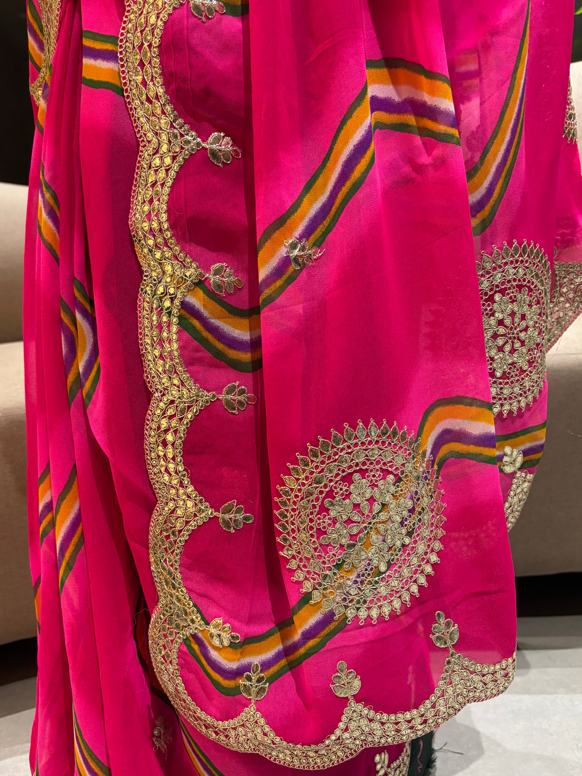 Imaginative Wedding Wear Georgette Laheriya Design Gotapati Work Saree With Blouse Piece