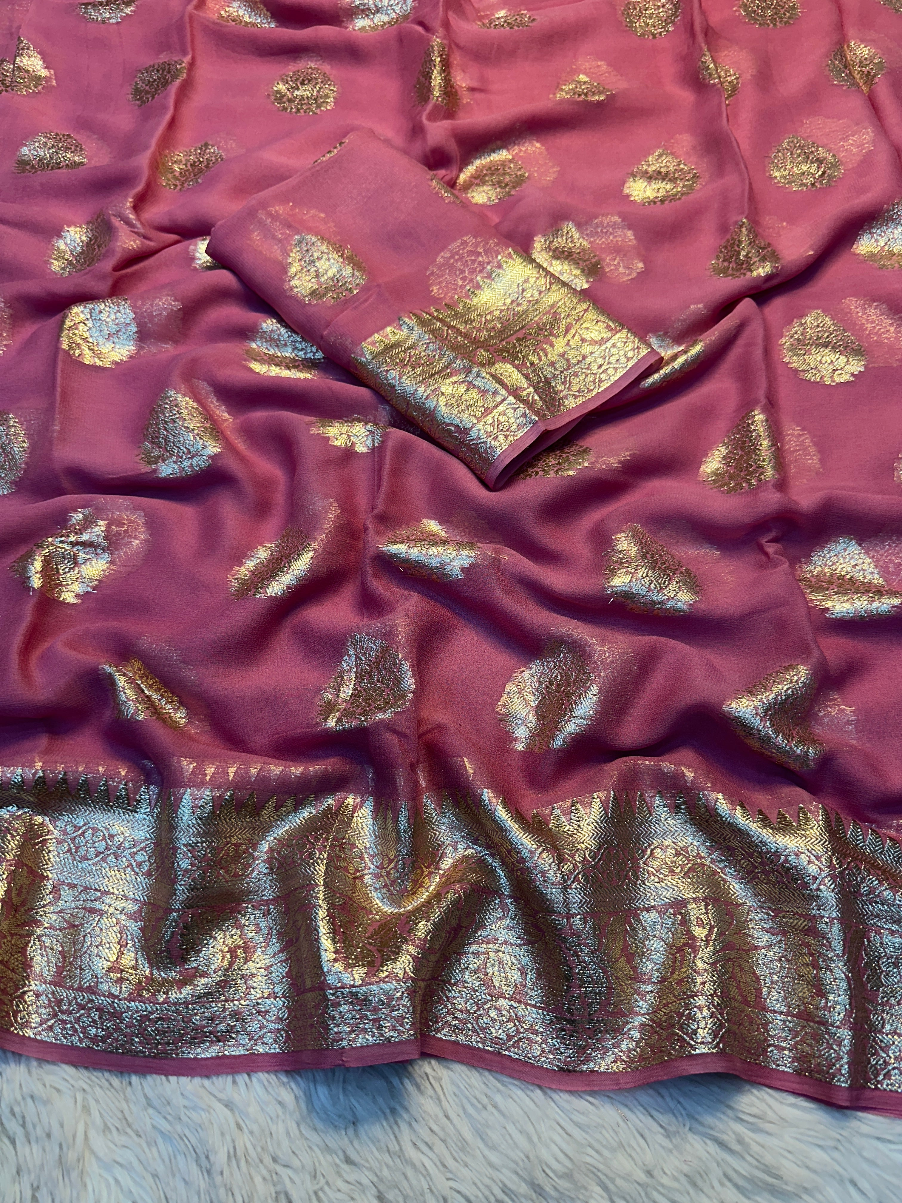 Gratifying Festival Wear Viscose Georgette Jacquard Weaving Work Fancy Saree With Blouse