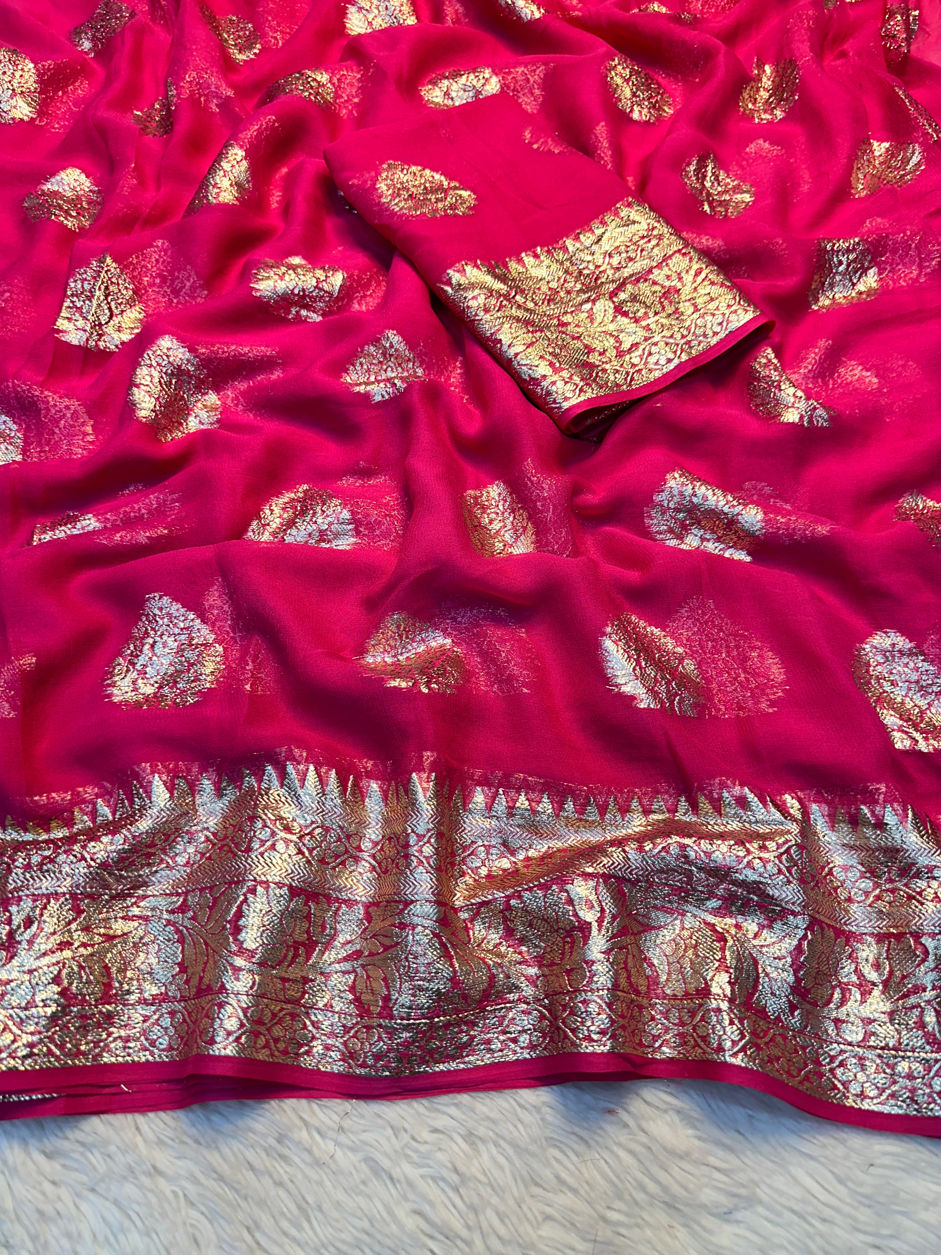 Gratifying Festival Wear Viscose Georgette Jacquard Weaving Work Fancy Saree With Blouse