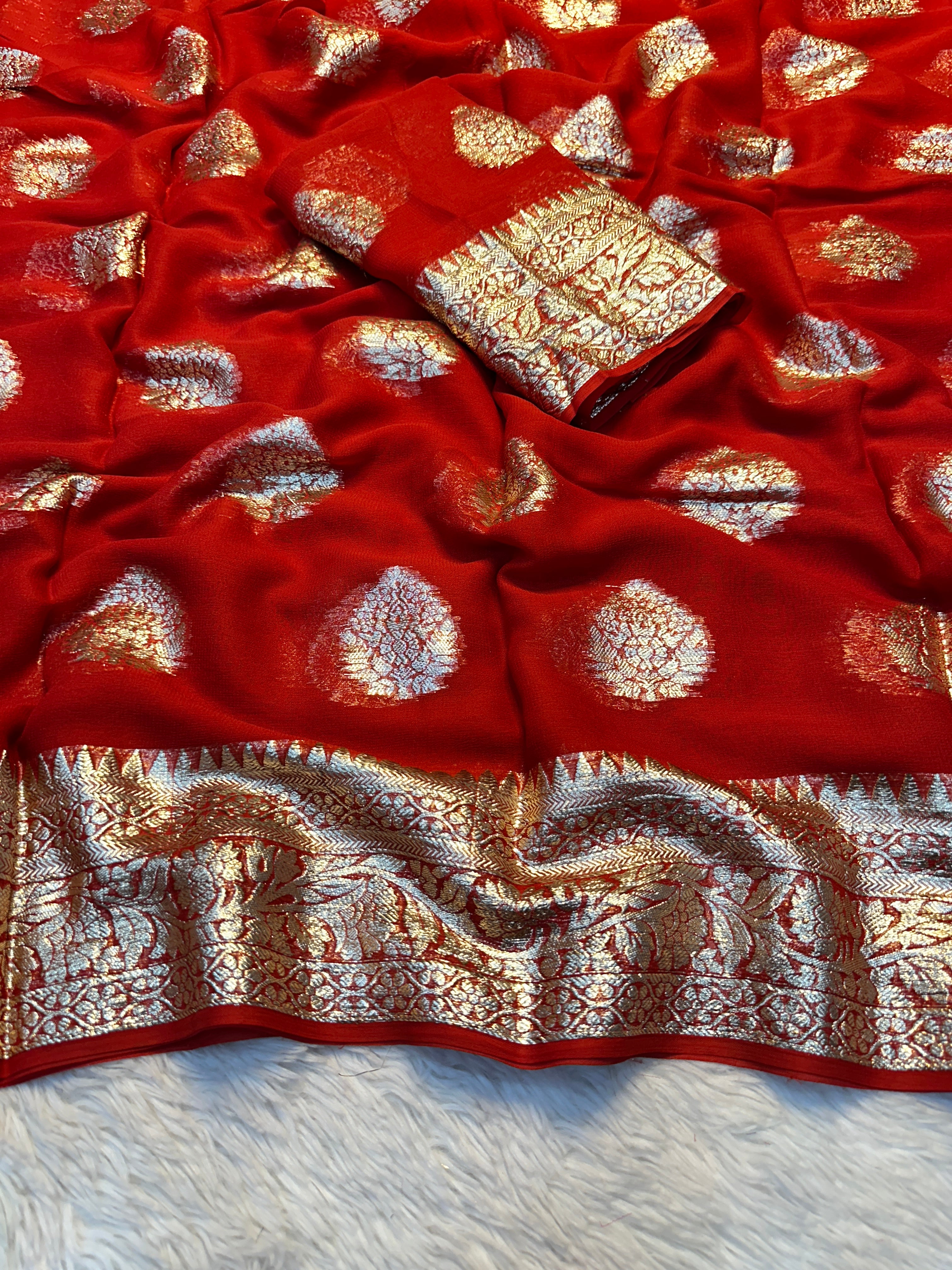 Gratifying Festival Wear Viscose Georgette Jacquard Weaving Work Fancy Saree With Blouse