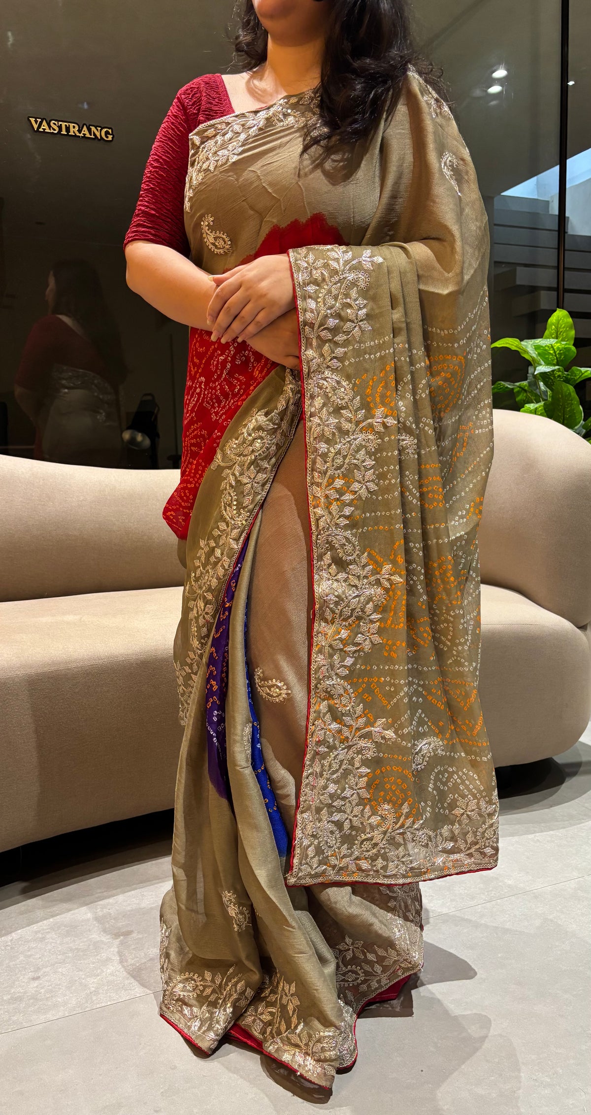 Alverina Function Wear Chiffon Silk Bandhani Print Emboridery Work Fancy Saree With Blouse Piece