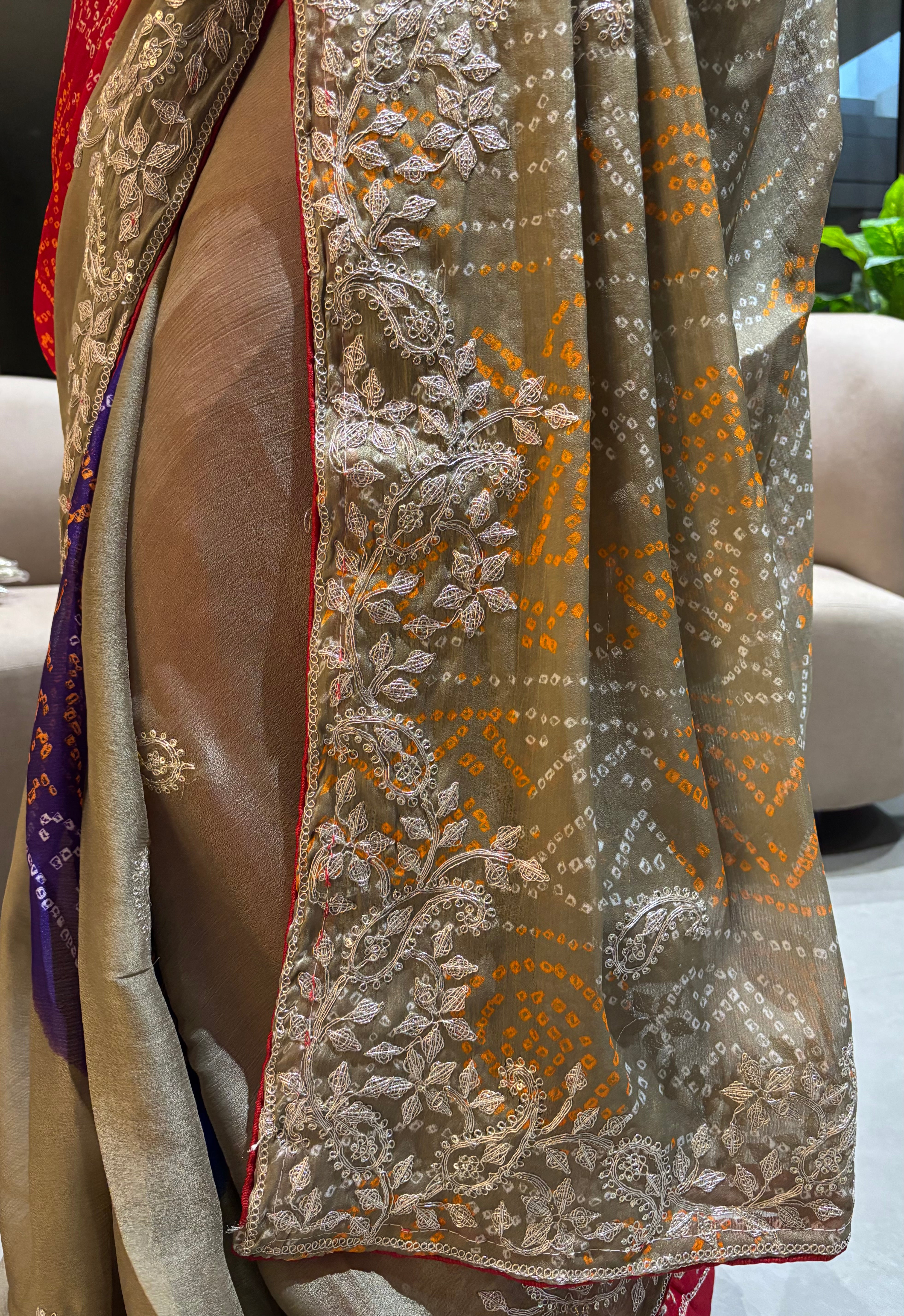 Alverina Function Wear Chiffon Silk Bandhani Print Emboridery Work Fancy Saree With Blouse Piece