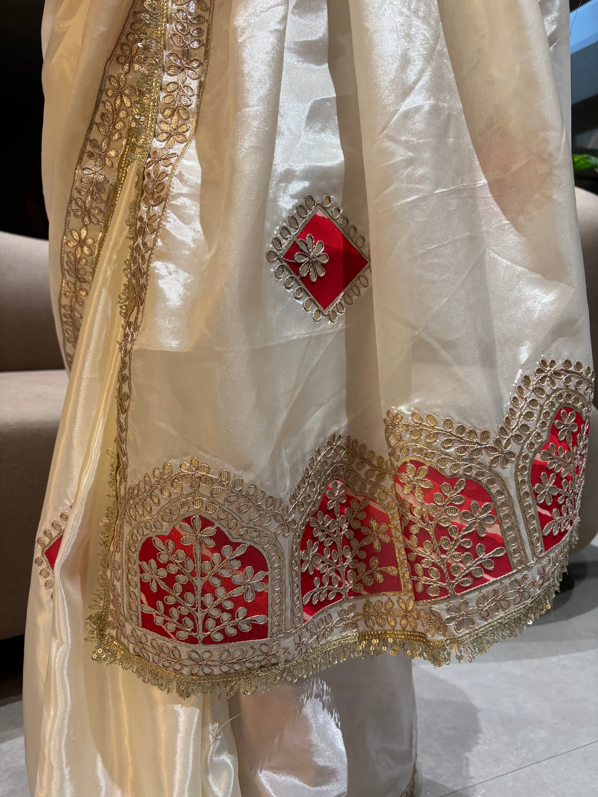 Graceful Function Wear Silk Leheriya Design Gota Patti Work Rich Pallu Fancy Saree With Blouse Piece