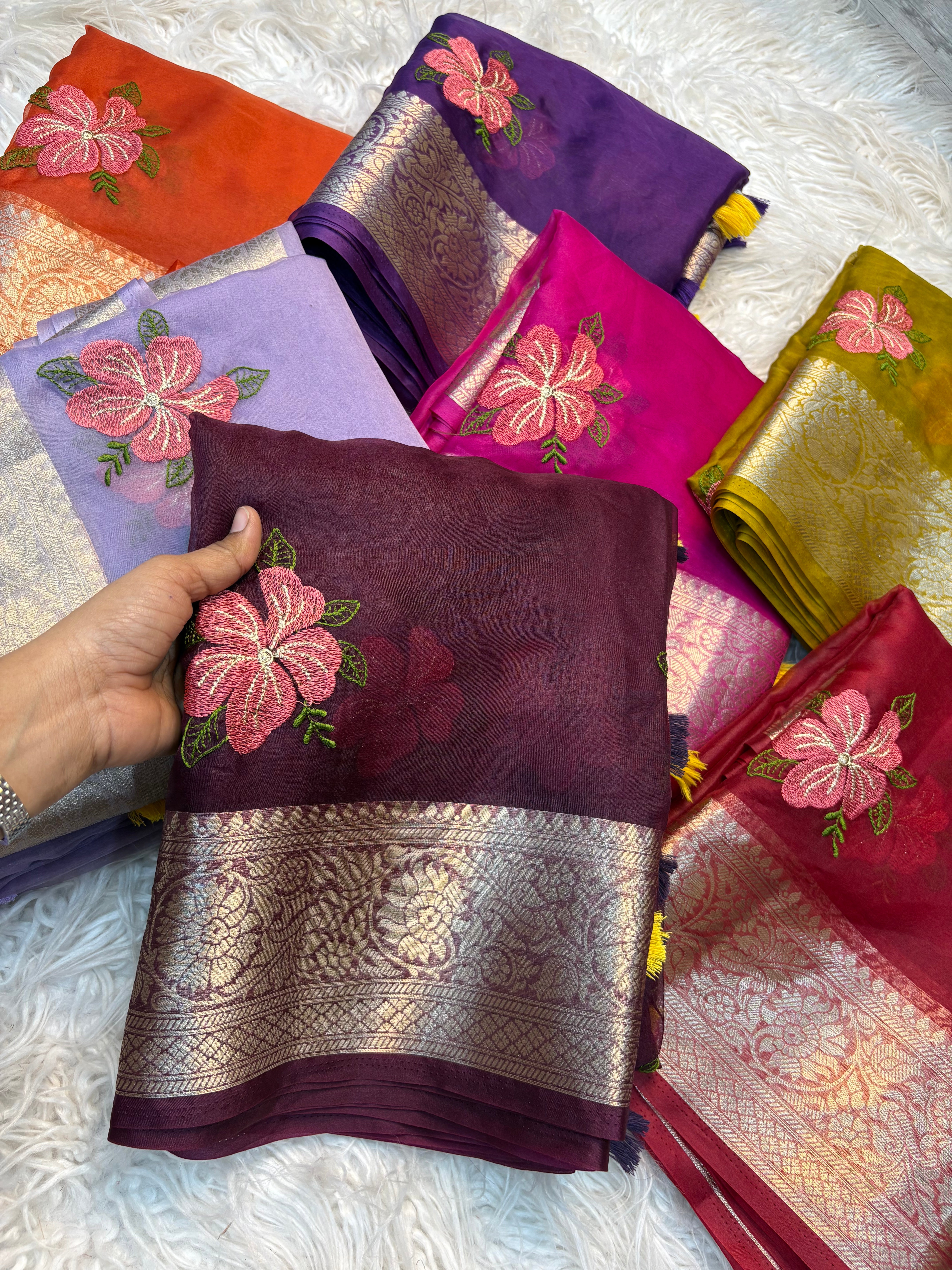 Effervescent Function Wear Organza Jacqurad Weaving Border Flower Thread Embroiderey Work Fancy Saree
