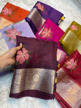 Load image into Gallery viewer, Effervescent Function Wear Organza Jacqurad Weaving Border Flower Thread Embroiderey Work Fancy Saree
