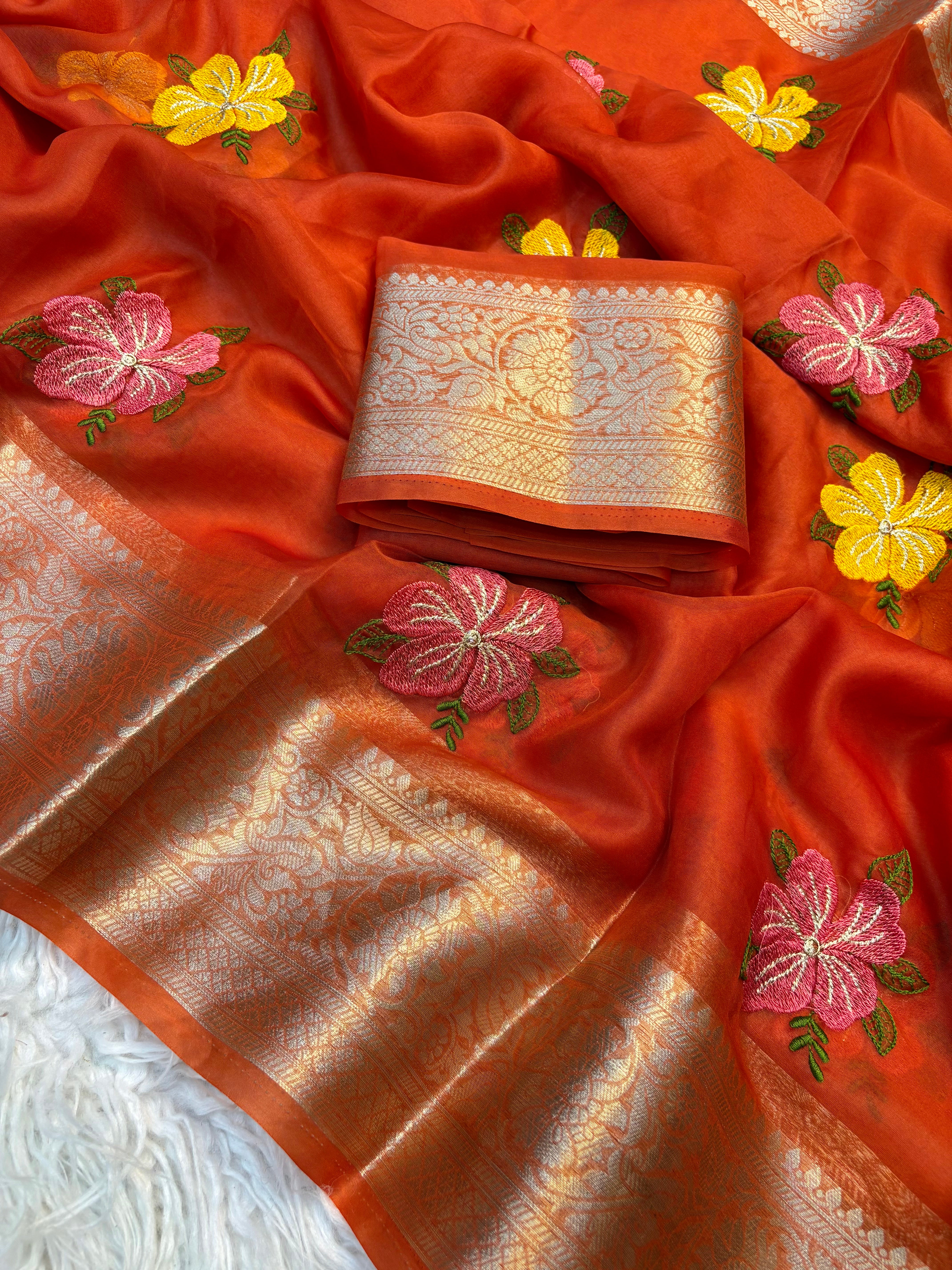 Effervescent Function Wear Organza Jacqurad Weaving Border Flower Thread Embroiderey Work Fancy Saree