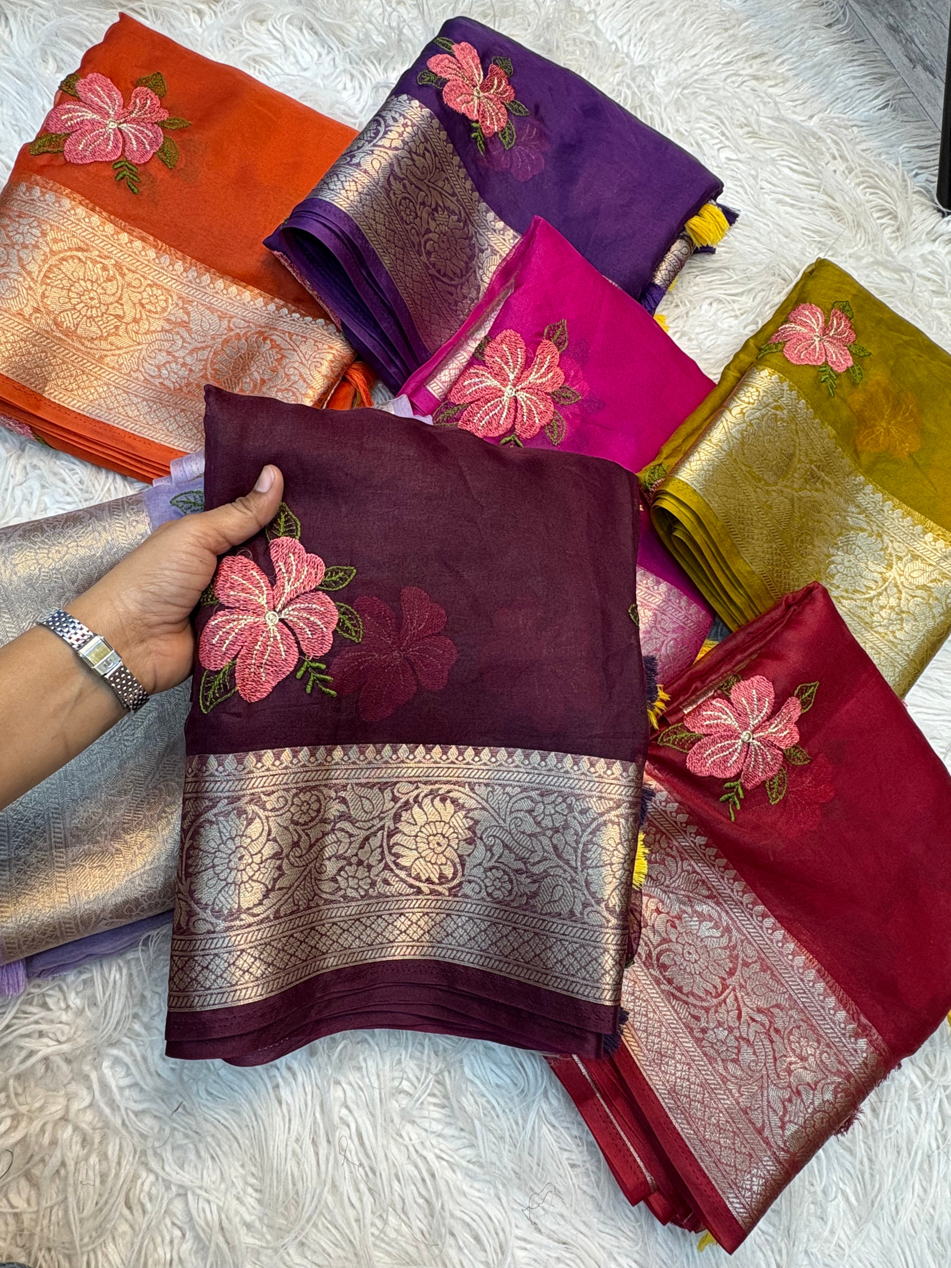Effervescent Function Wear Organza Jacqurad Weaving Border Flower Thread Embroiderey Work Fancy Saree