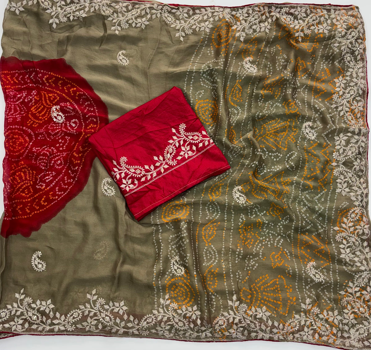 Alverina Function Wear Chiffon Silk Bandhani Print Emboridery Work Fancy Saree With Blouse Piece