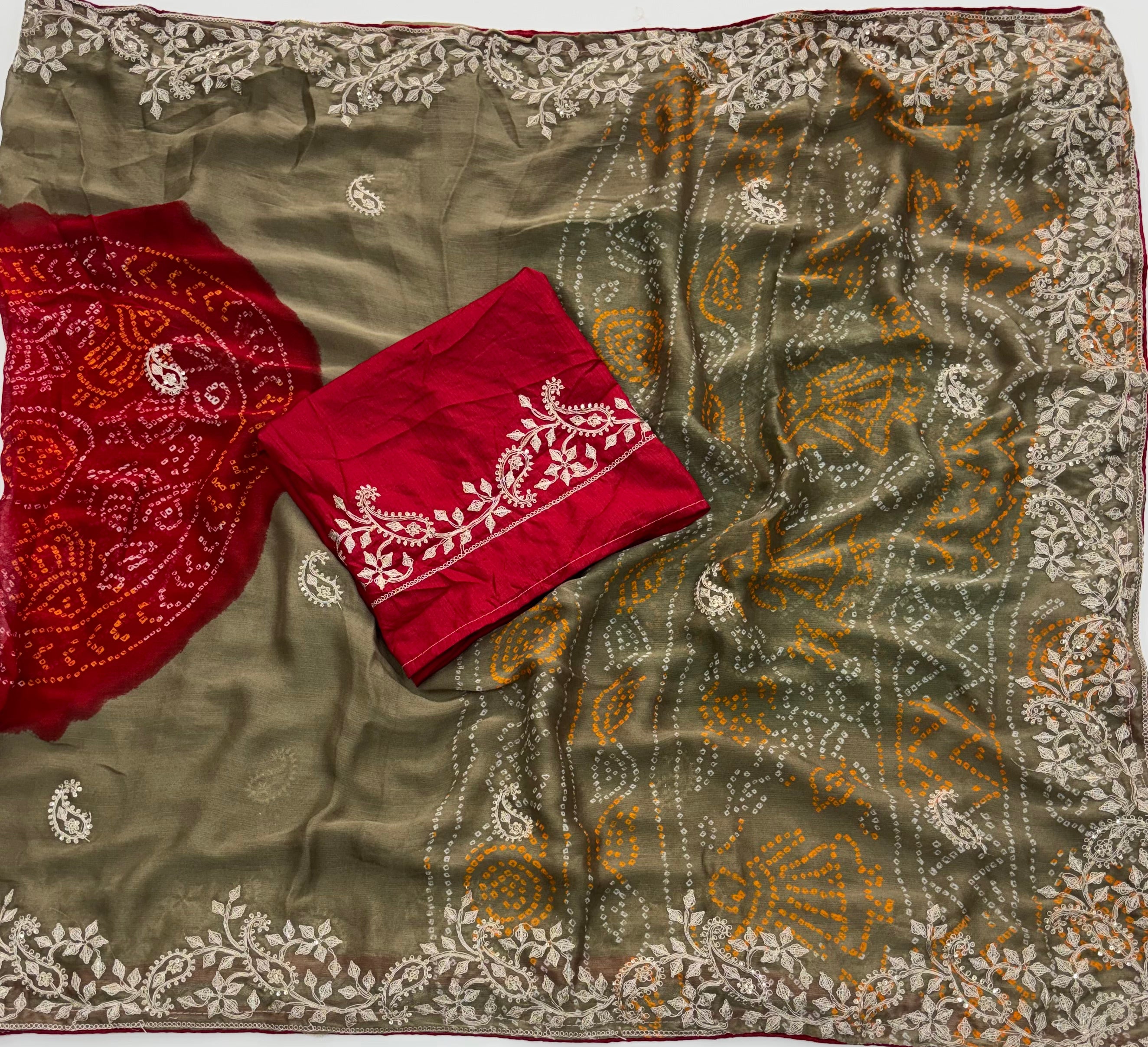 Alverina Function Wear Chiffon Silk Bandhani Print Emboridery Work Fancy Saree With Blouse Piece