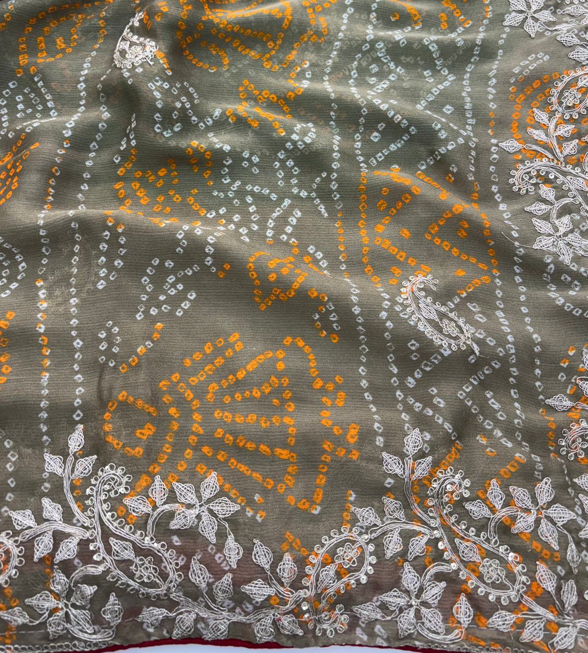 Alverina Function Wear Chiffon Silk Bandhani Print Emboridery Work Fancy Saree With Blouse Piece