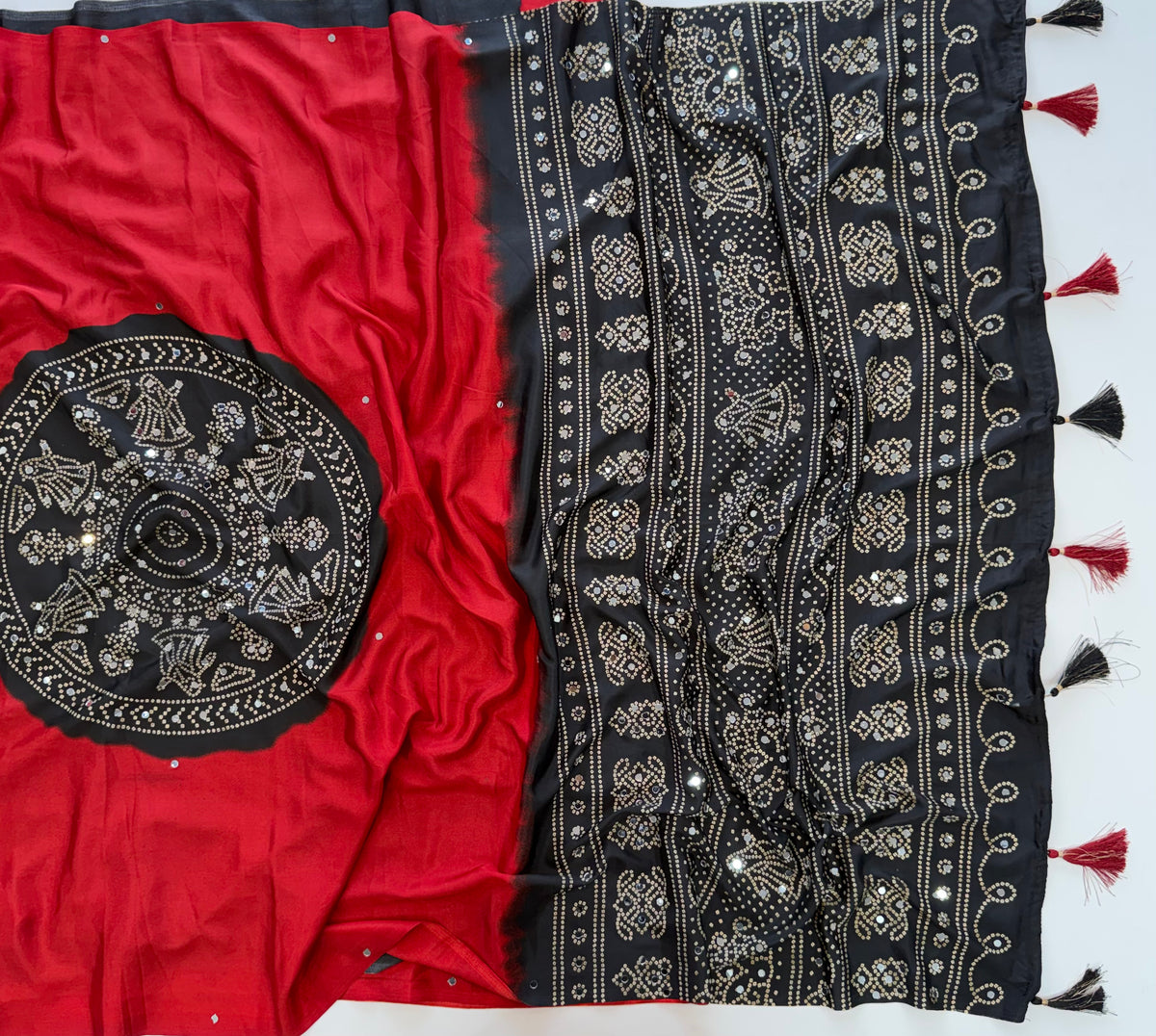 Charming Festive Wear Silk Ajrak Printed Rich Pallu n Mirror Work Designer Saree With Blouse Piece