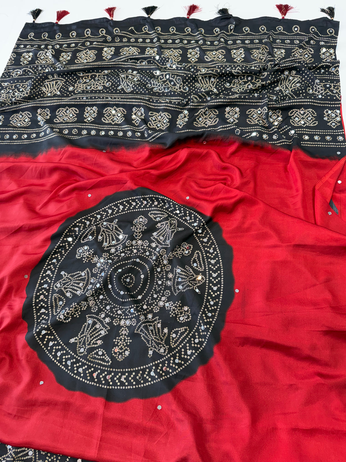 Charming Festive Wear Silk Ajrak Printed Rich Pallu n Mirror Work Designer Saree With Blouse Piece