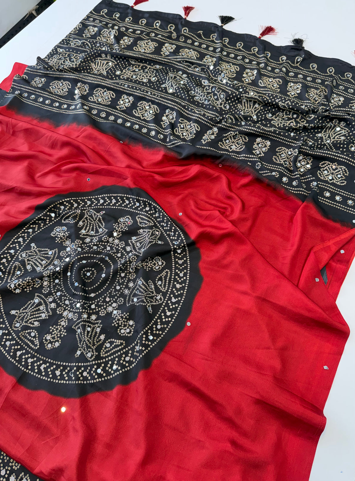 Charming Festive Wear Silk Ajrak Printed Rich Pallu n Mirror Work Designer Saree With Blouse Piece