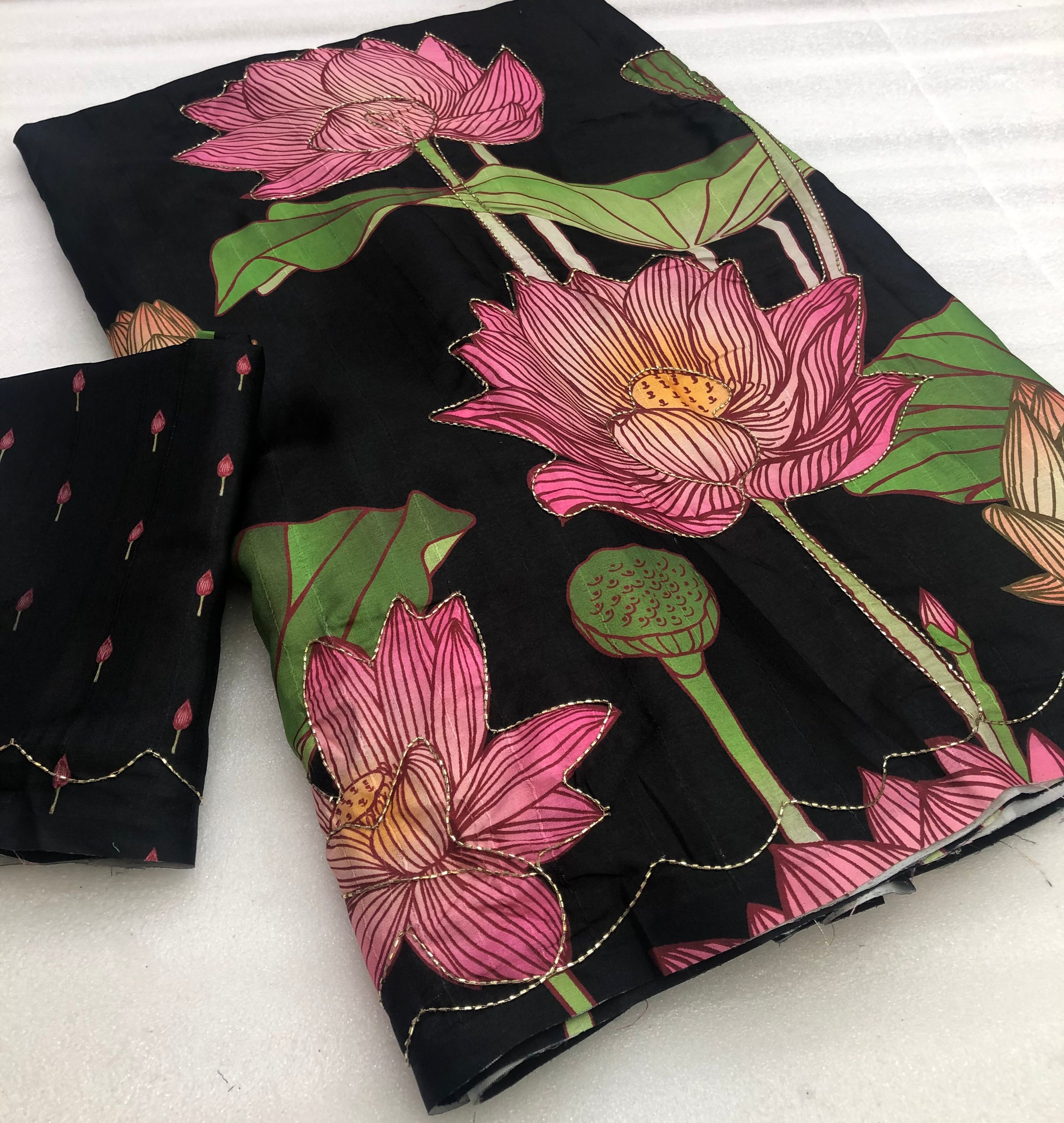 Adorable Festive Wear Black Colour Handloom Tussar Silk With Lotus Floral Digital Print Handwork Fancy Designer Saree With Blouse