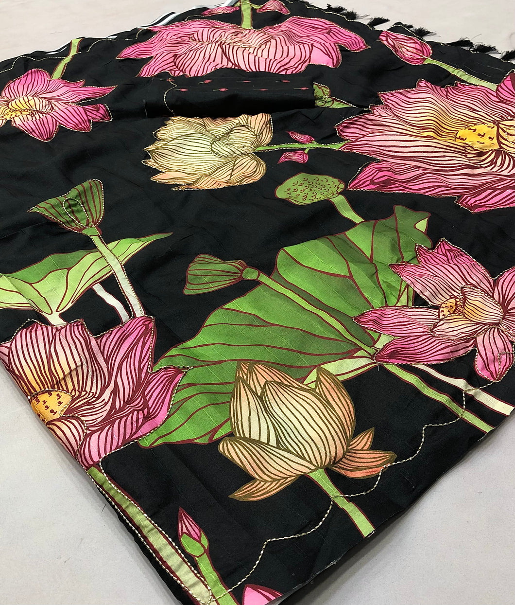 Adorable Festive Wear Black Colour Handloom Tussar Silk With Lotus Floral Digital Print Handwork Fancy Designer Saree With Blouse